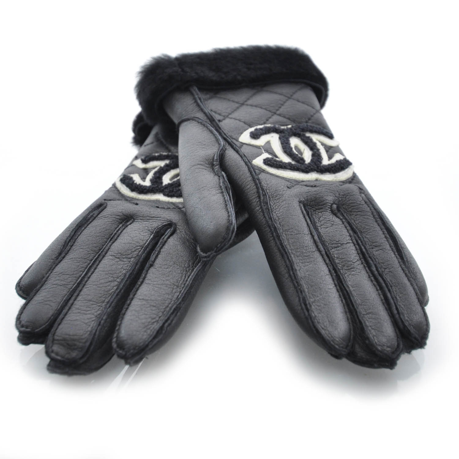 CHANEL Leather Gloves Black Size 7 31828