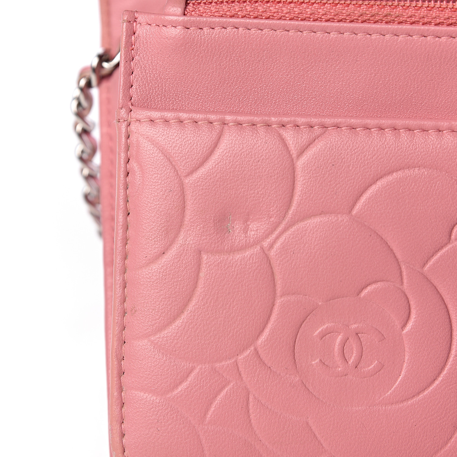 CHANEL Lambskin Camellia Embossed Wallet On Chain WOC Pink 493276