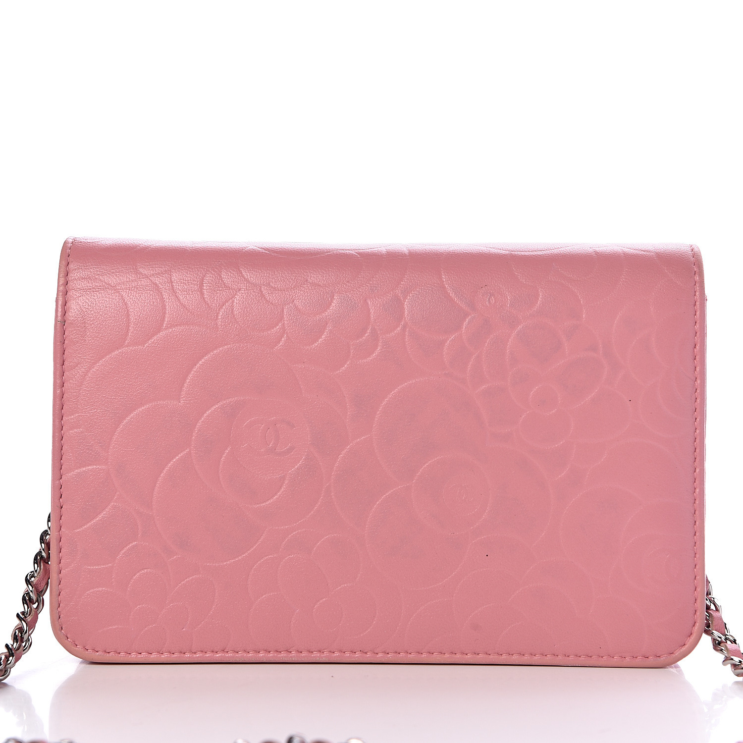 CHANEL Lambskin Camellia Embossed Wallet On Chain WOC Pink 493276