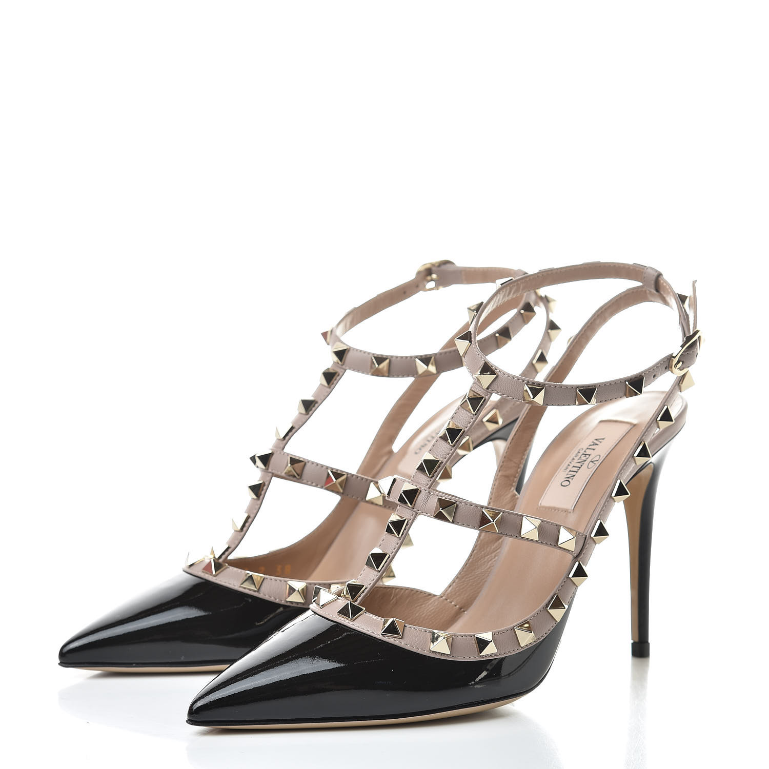 VALENTINO Patent Rockstud Ankle Strap Pumps 38 Black Poudre 514450