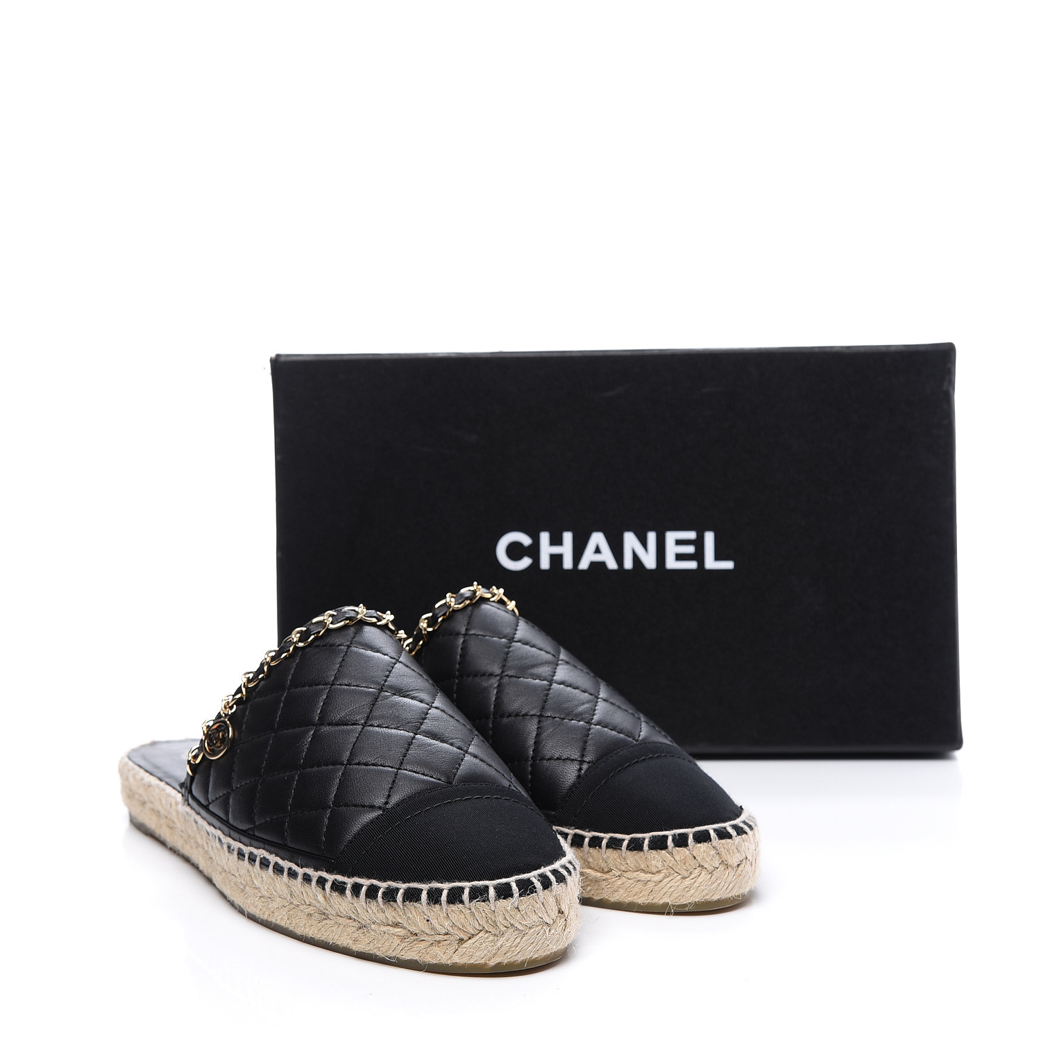 CHANEL Lambskin Grosgrain Quilted CC Chain Espadrille Mules 40 Black 576850