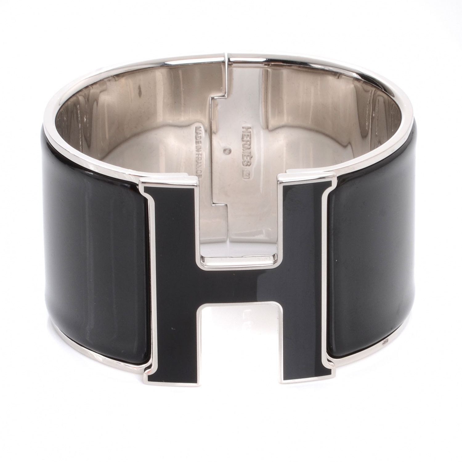 HERMES Enamel Extra Wide Clic Clac H Bracelet PM Black Palladium Silver ...