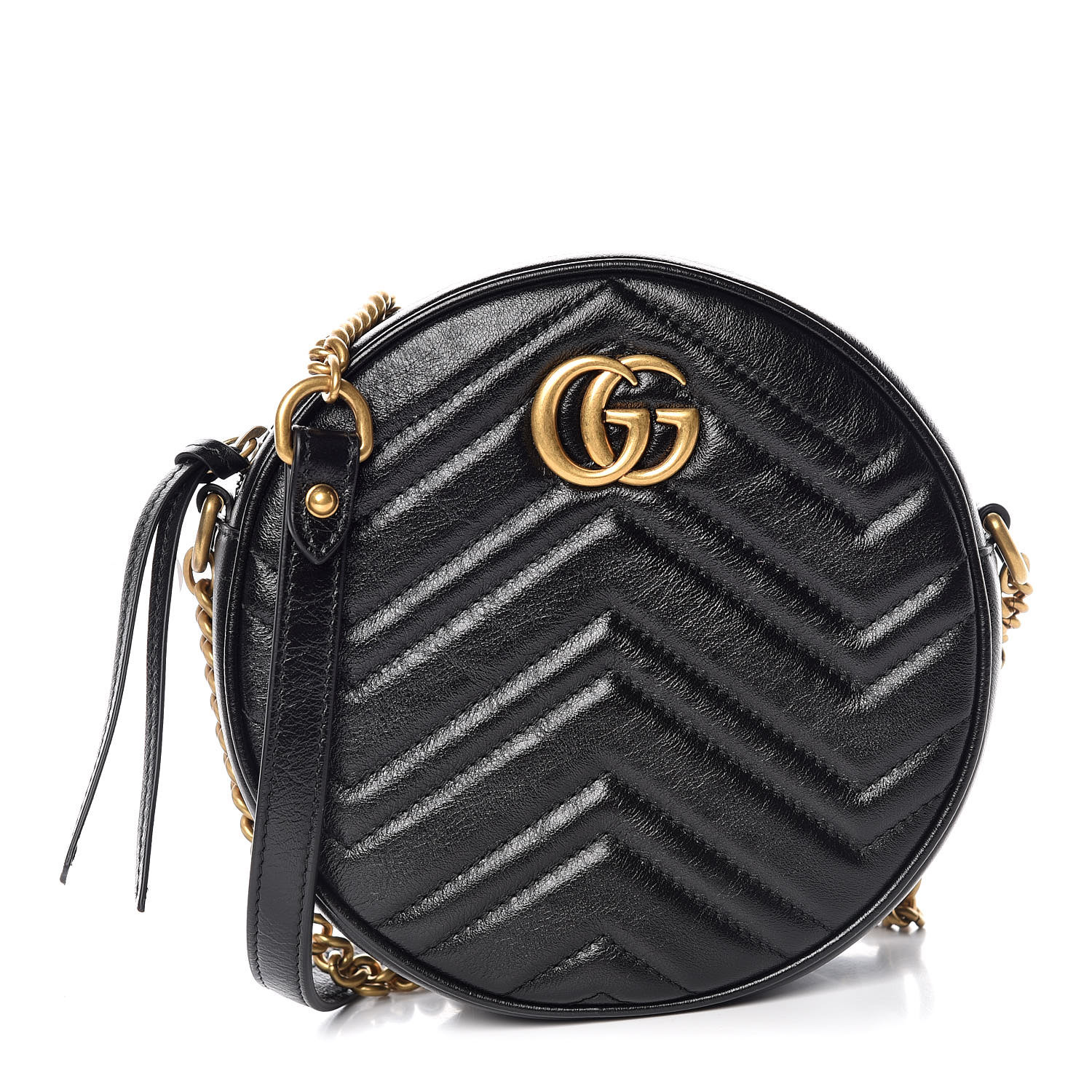 GUCCI Calfskin Matelasse Mini GG Marmont Round Shoulder Bag Black 375009