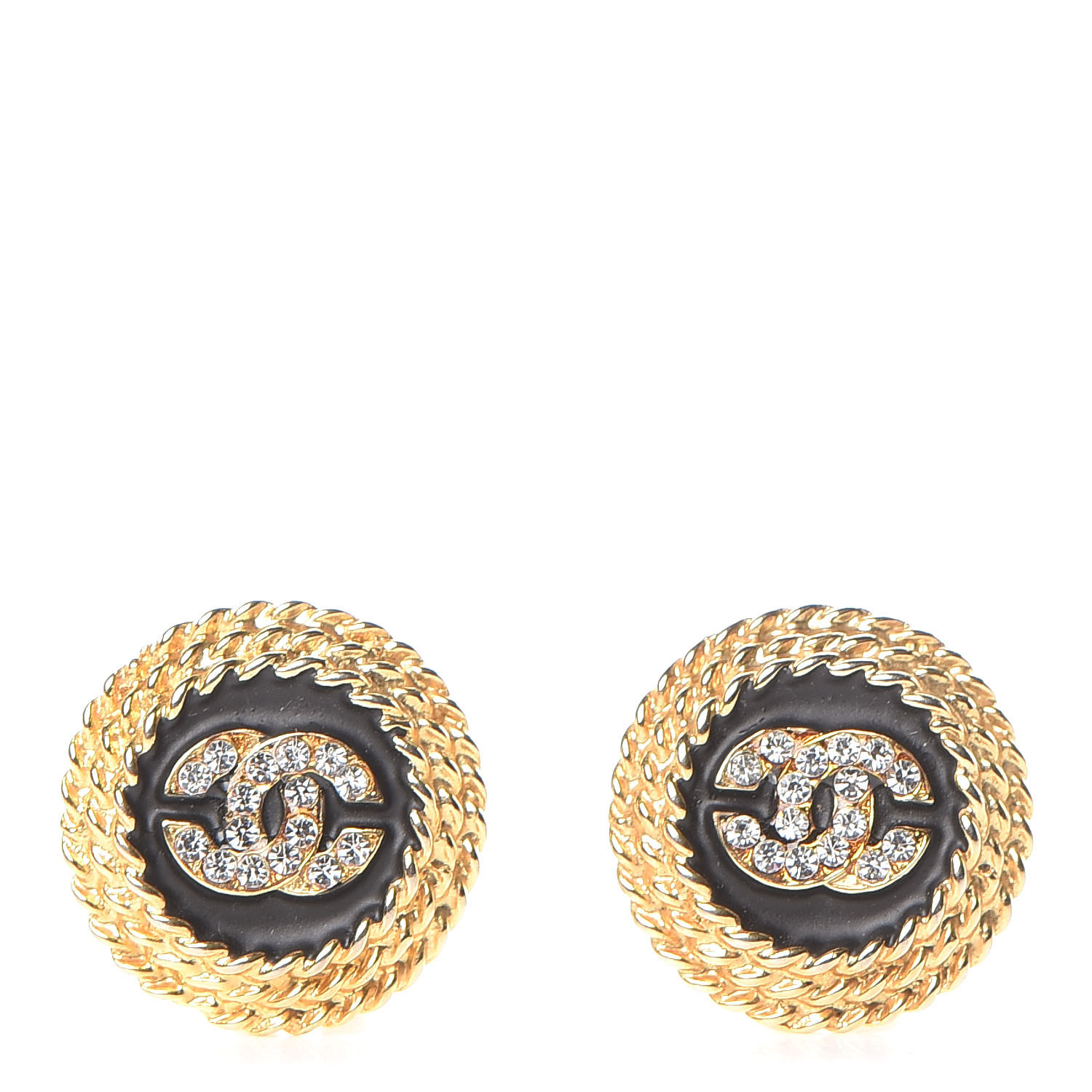 CHANEL Crystal CC Clip On Earrings Black Gold 371939