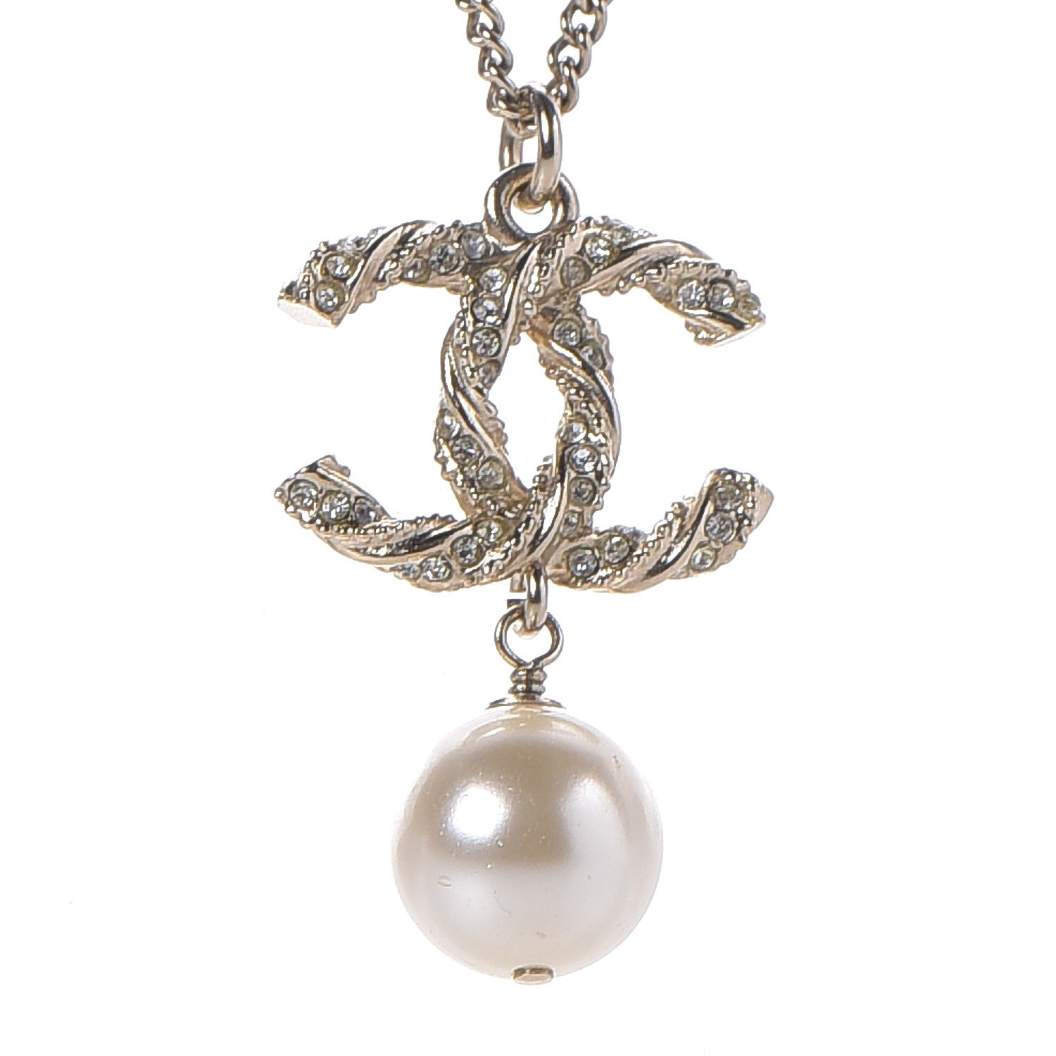 CHANEL Pearl Crystal Twisted CC Drop Necklace Gold 285934