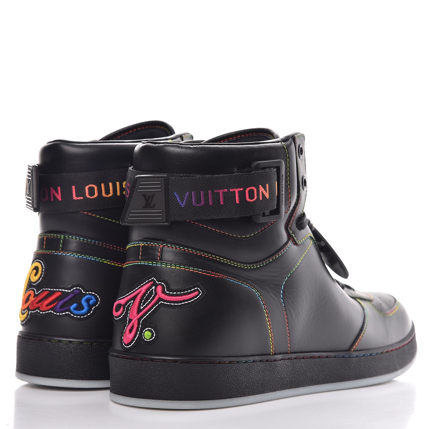 LOUIS VUITTON Mens Calfskin Rivoli High Top Sneakers 8.5 Noir Black Multicolor 284560