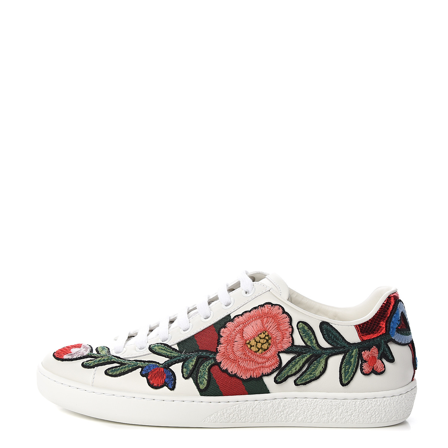 GUCCI Calfskin Web Floral Embroidered Womens Ace Sneakers 36 White 538577