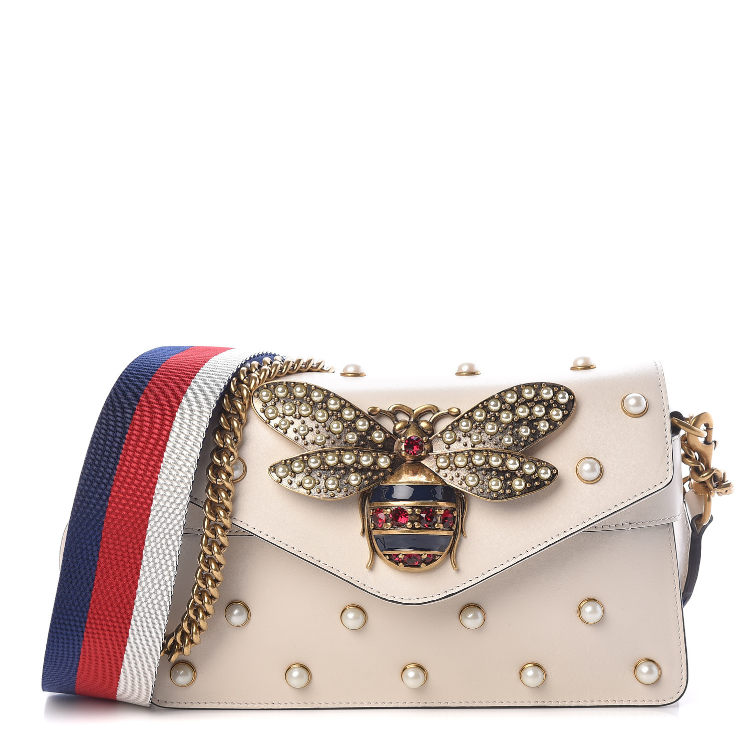 GUCCI Calfskin Pearl Studded Mini Broadway Bee Shoulder Bag White 473457