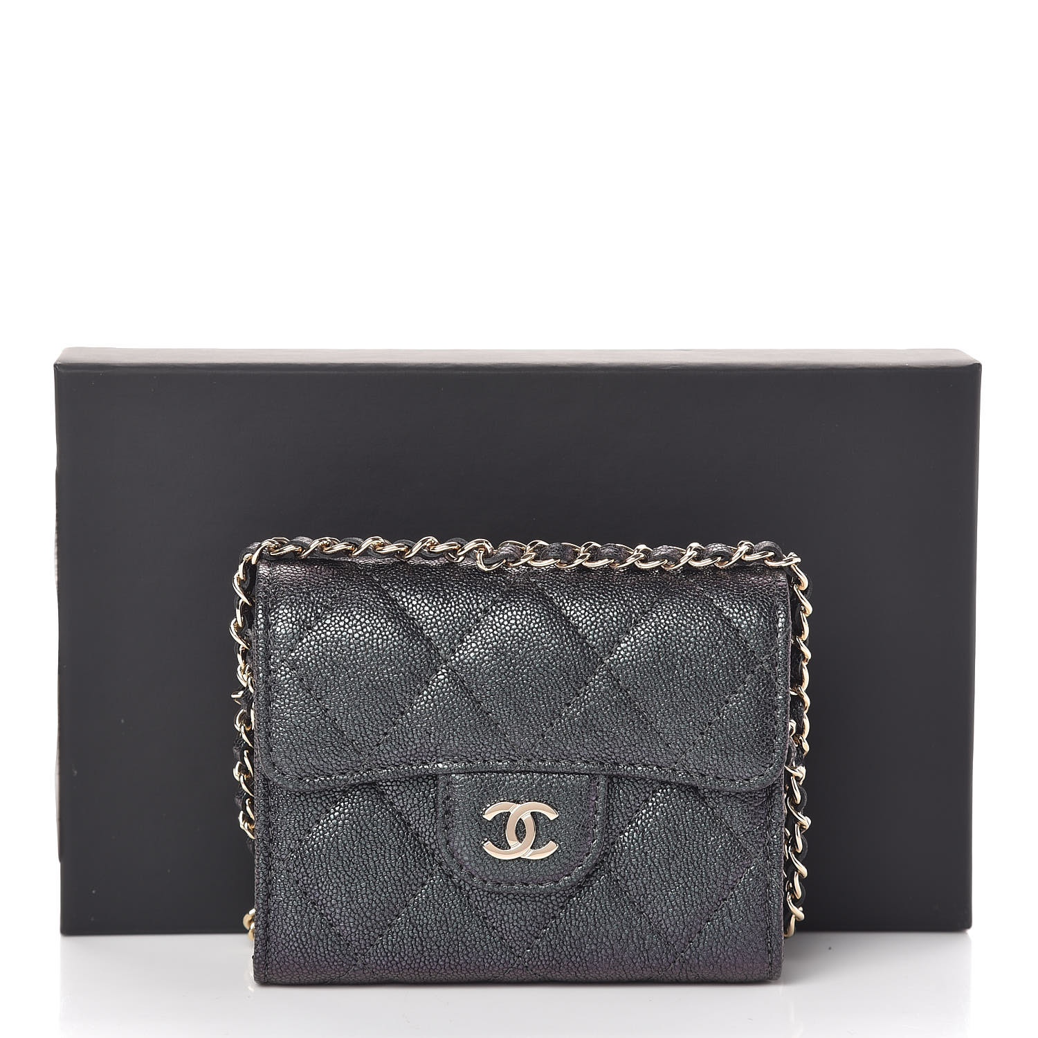 CHANEL Iridescent Caviar Quilted Card Holder On Chain