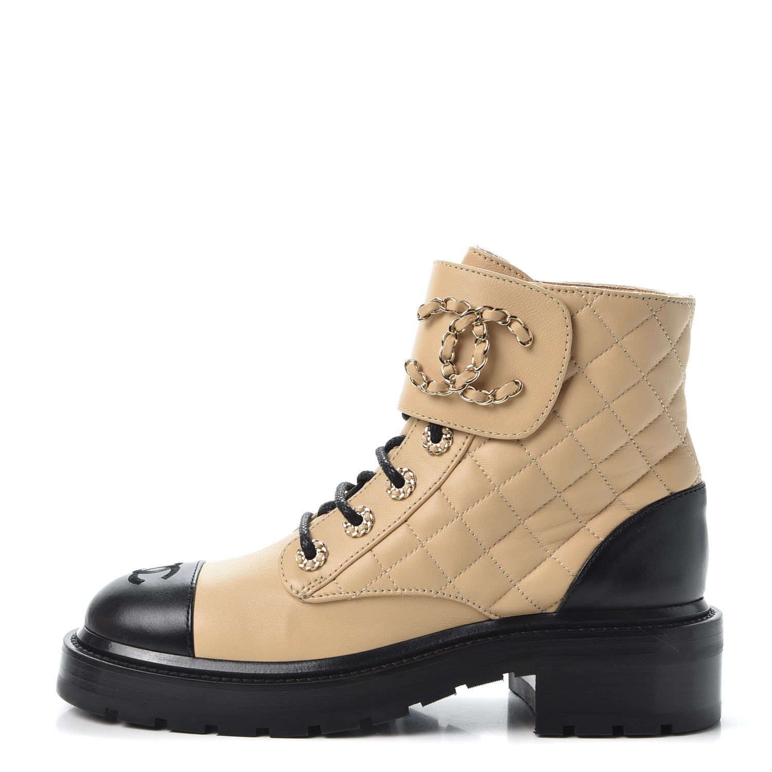 CHANEL Calfskin Quilted Lace Up Combat Boots 36.5 Beige Black 582909 ...