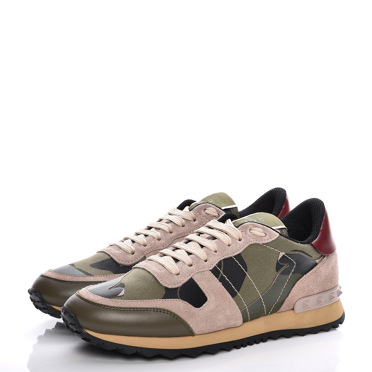VALENTINO Calfskin Suede Camouflage Rockstud Sneakers 38 Military Green ...