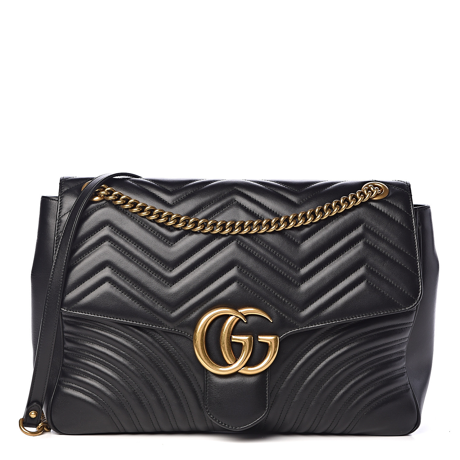 GUCCI Calfskin Matelasse Large GG Marmont Shoulder Bag Black 496044