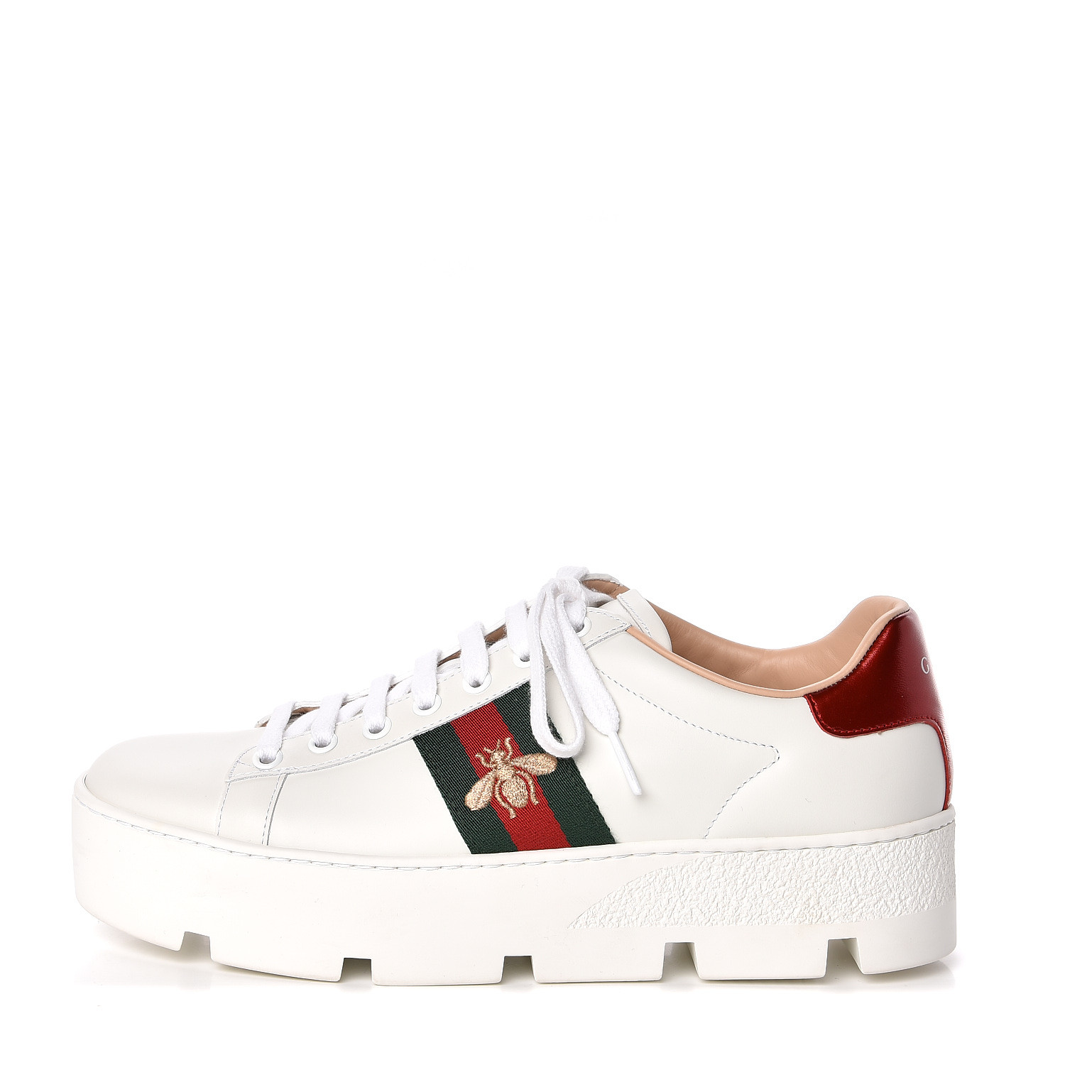 GUCCI Calfskin Embroidered Ace Platform Sneakers 39 White 496353
