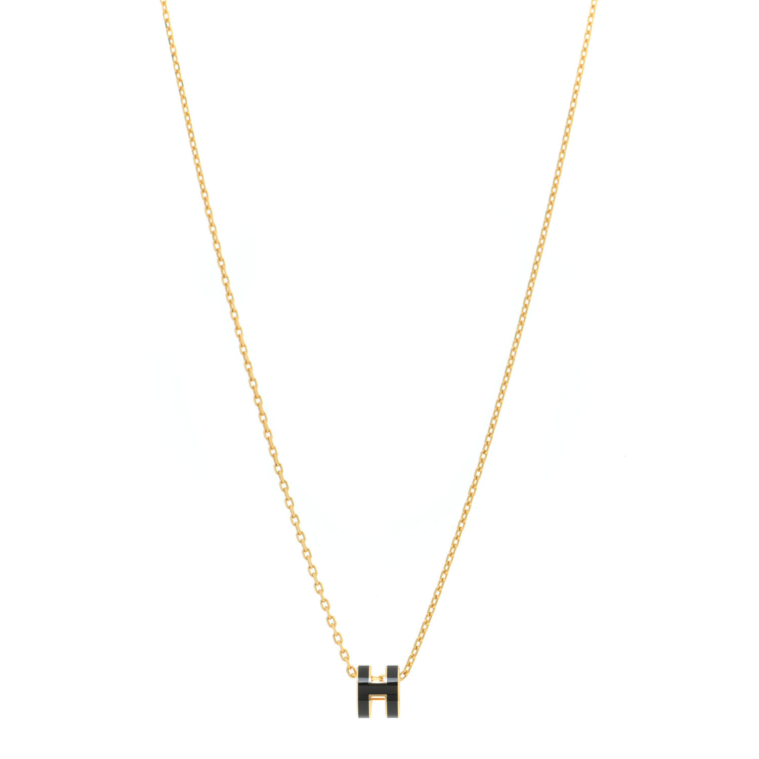 HERMES Lacquered Gold Mini Pop H Pendant Necklace Black 
