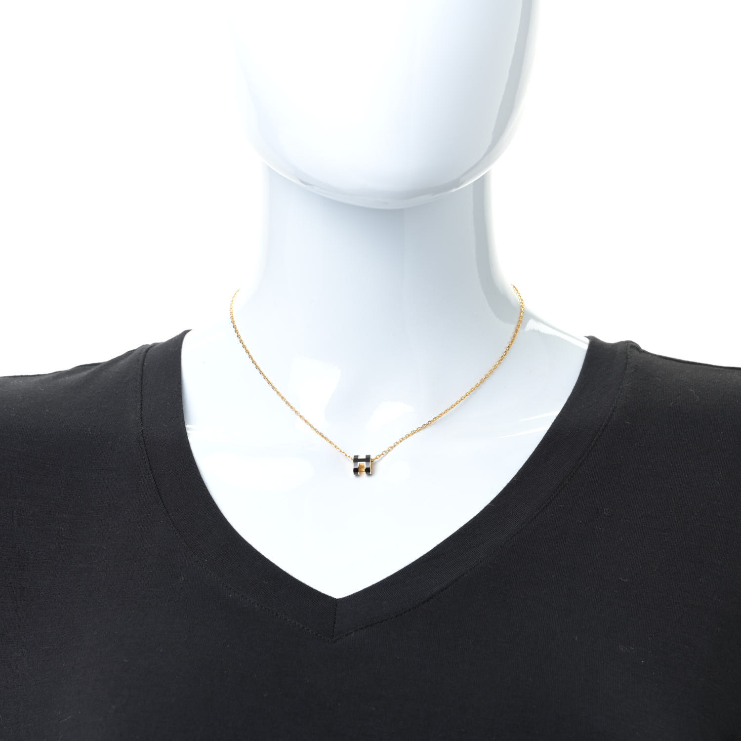 HERMES Lacquered Gold Mini Pop H Pendant Necklace Black 