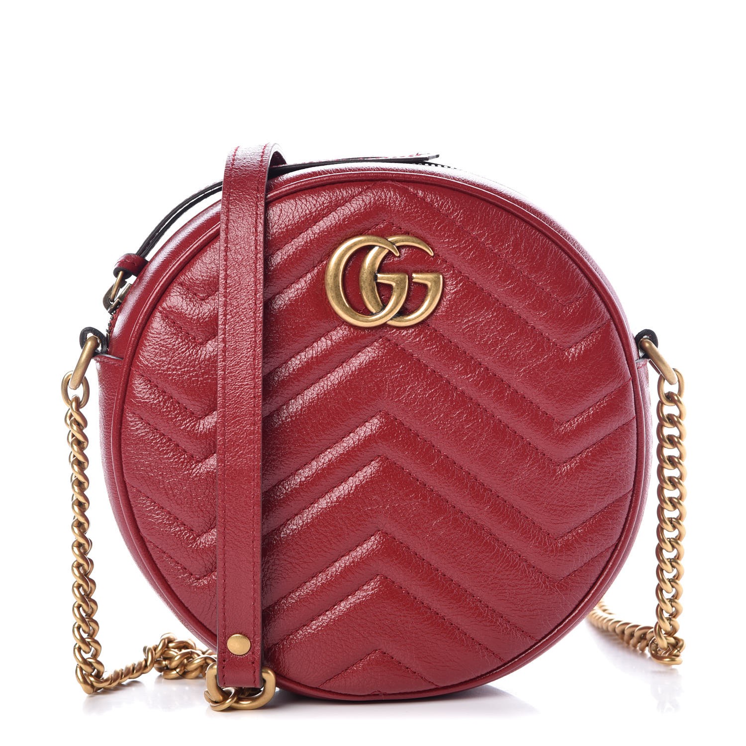 GUCCI Calfskin Matelasse Mini GG Marmont Round Shoulder Bag Hibiscus Red 353213