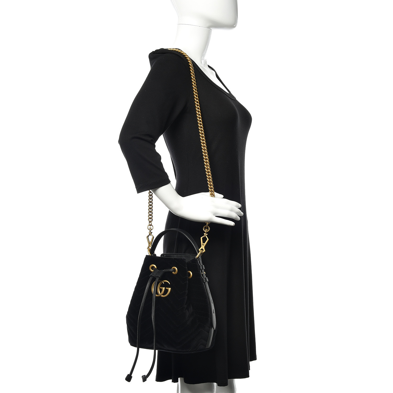 GUCCI Velvet Matelasse GG Marmont Bucket Bag Black 524642