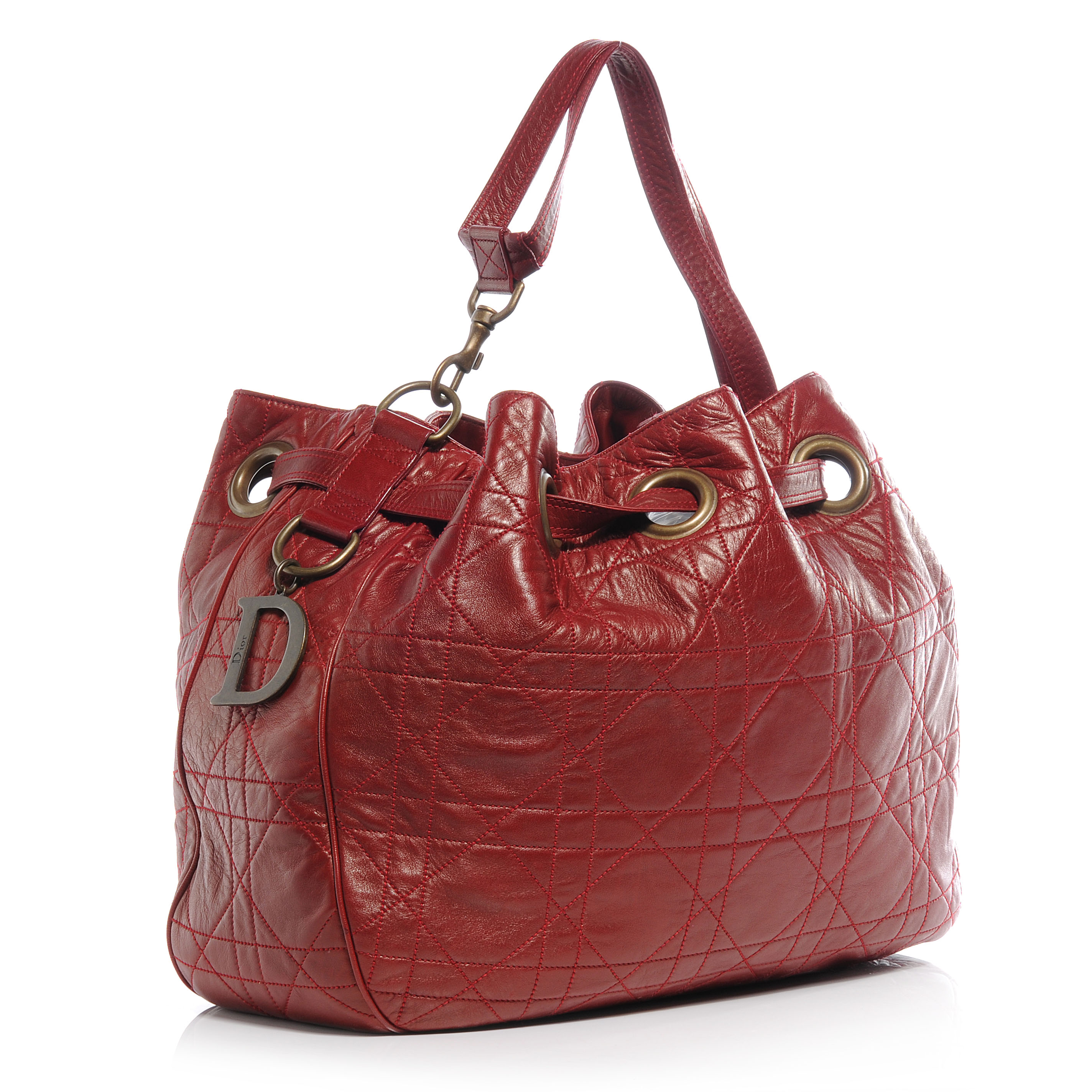 CHRISTIAN DIOR Lambskin Cannage Quilted Drawstring Bag Red 55988