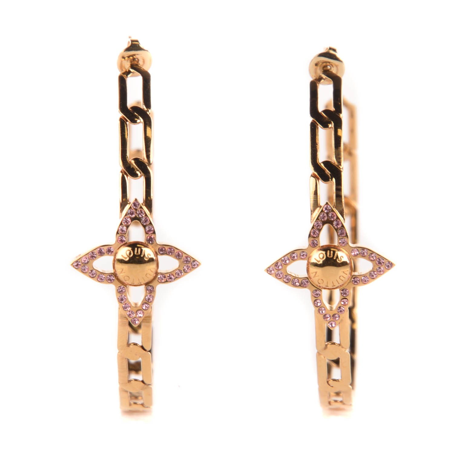 LOUIS VUITTON Swarovski Crystal Flower Power Hoop Earrings Gold 115356