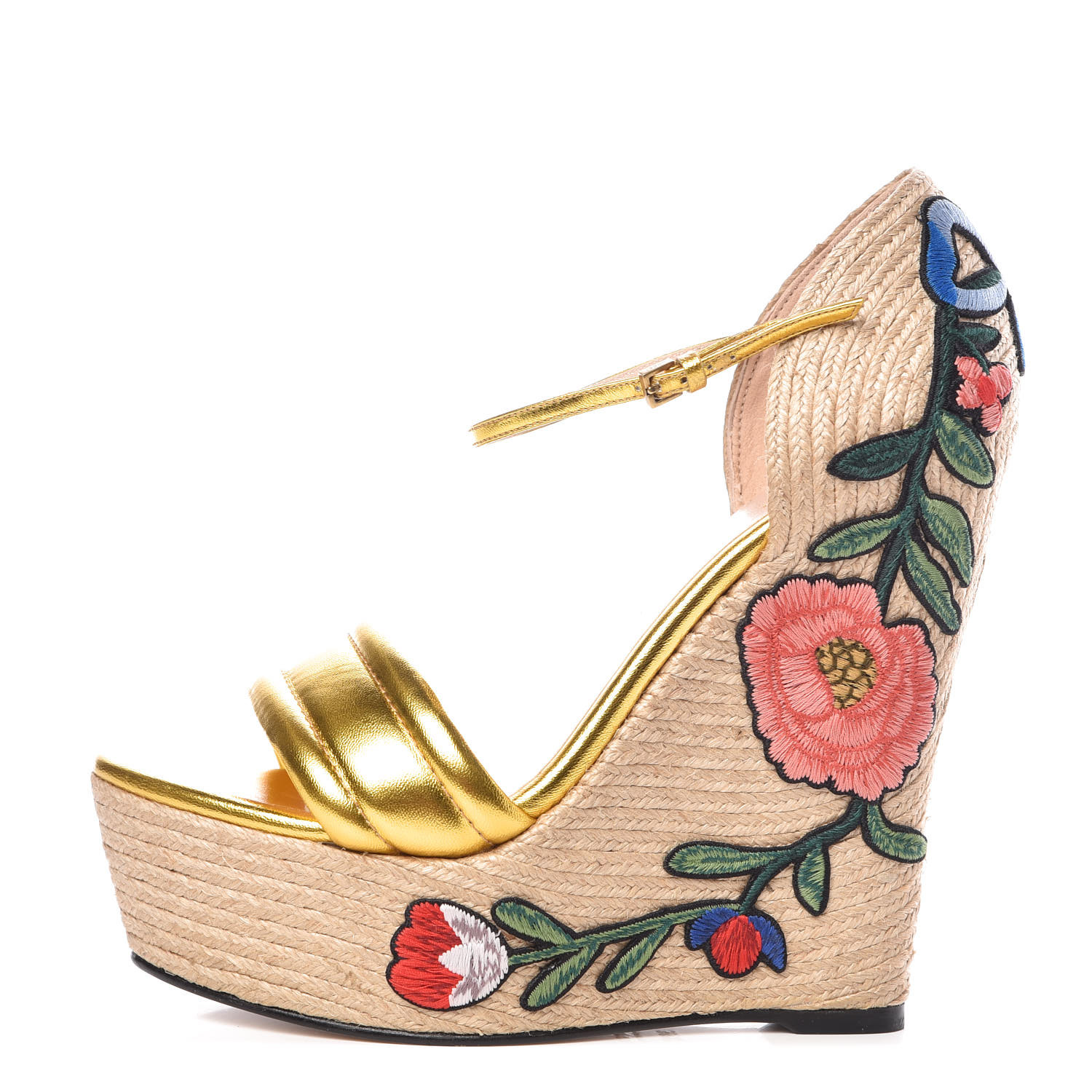 Gucci Nappa Silk Embroidered Platform Espadrille Wedge Sandals 39 5 Oro