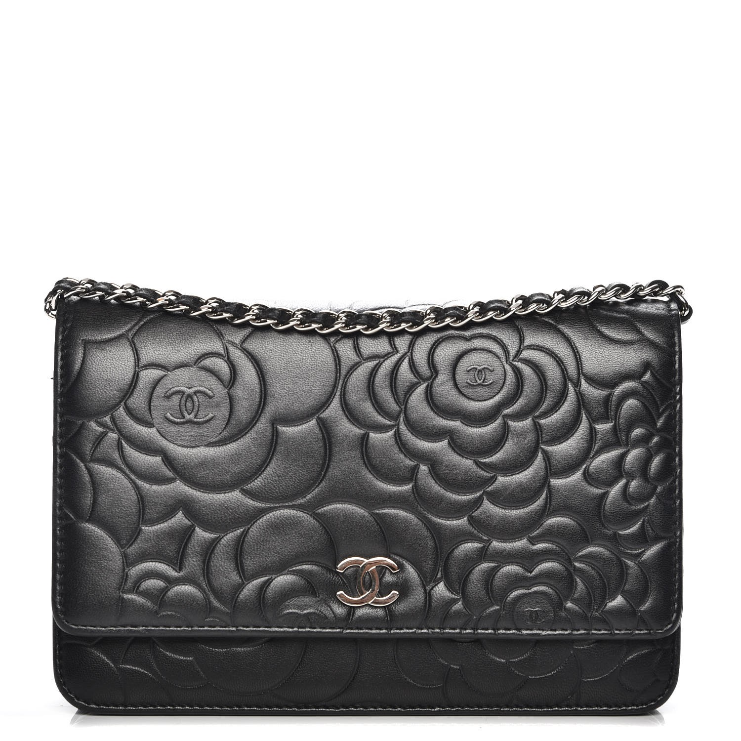 CHANEL Lambskin Camellia Embossed Wallet On Chain WOC Black 219747