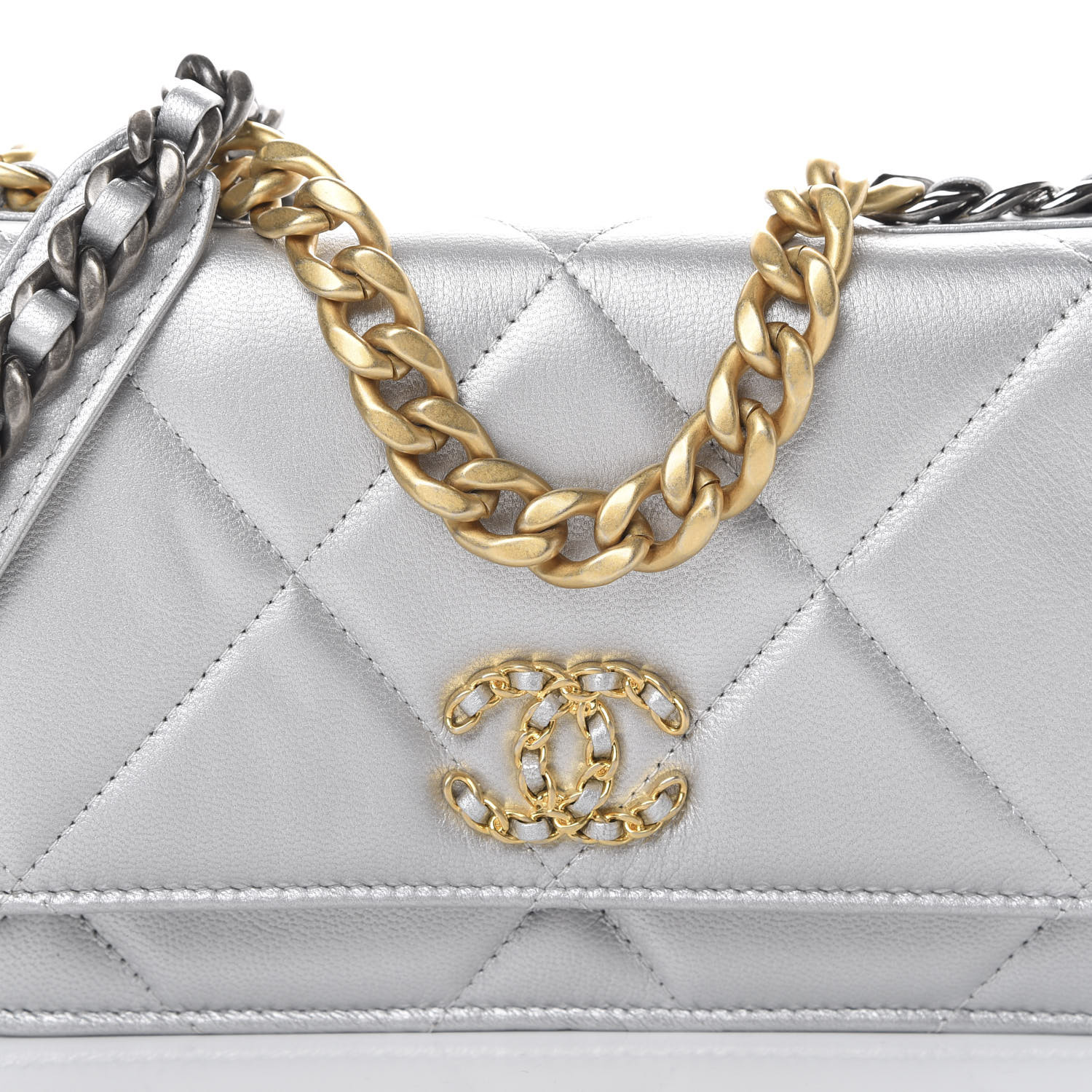 CHANEL Metallic Goatskin Quilted Chanel 19 Wallet On Chain WOC Silver