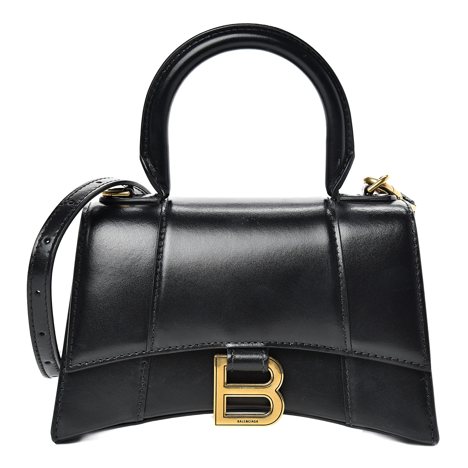 BALENCIAGA Shiny Box Calfskin Hourglass Top Handle Bag XS Black 534451