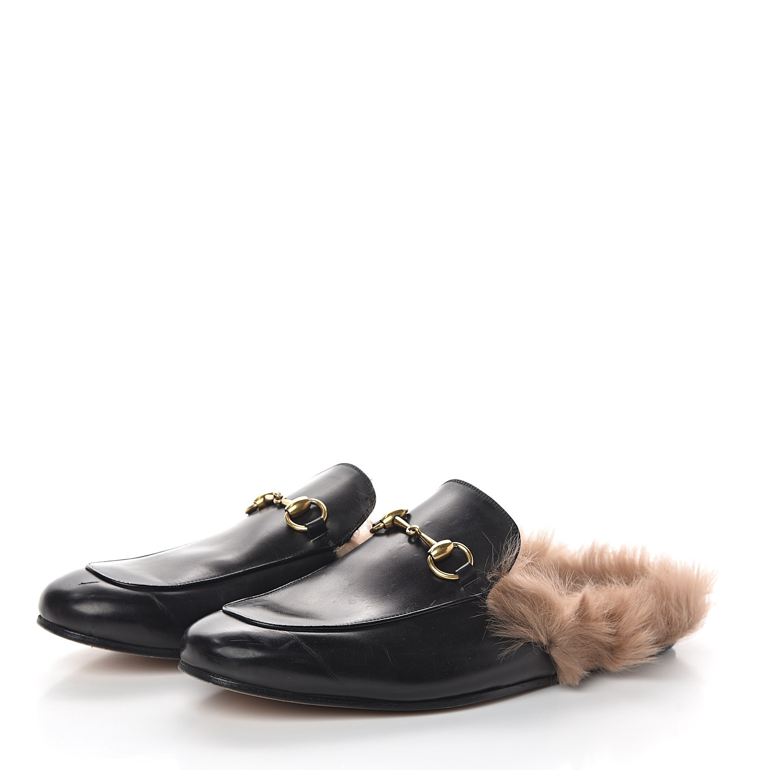 GUCCI Calfskin Fur Mens Princetown Slippers Slides 8 Black 537871