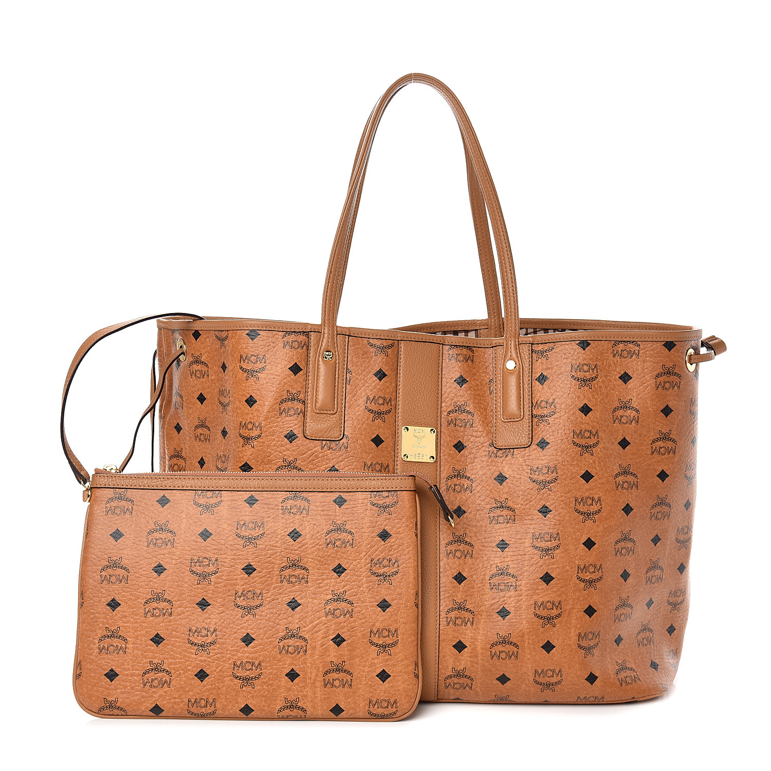 MCM Visetos Large Liz Reversible Shopper Tote Cognac 535616