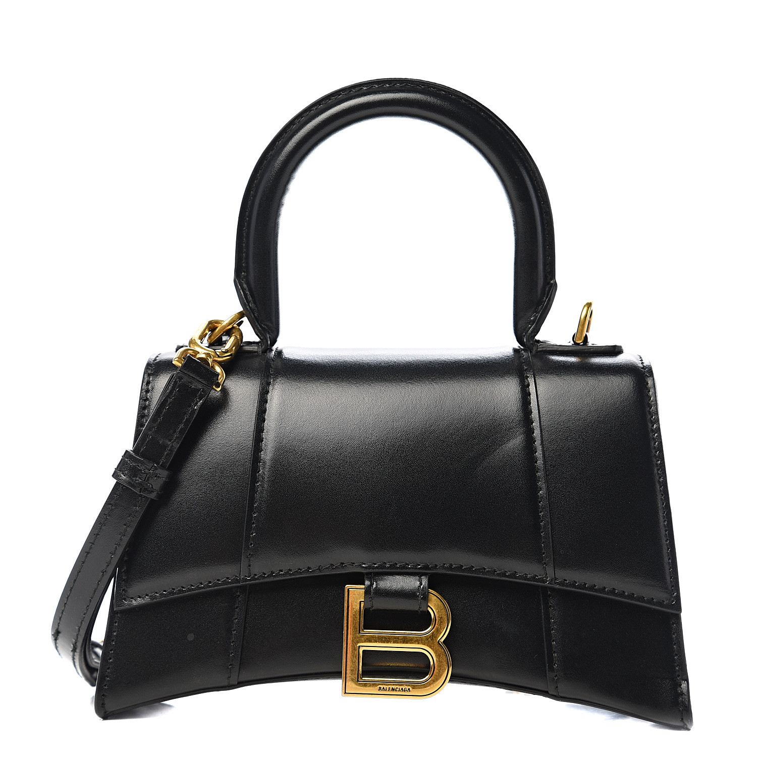 BALENCIAGA Shiny Box Calfskin Hourglass Top Handle Bag XS Black 536295