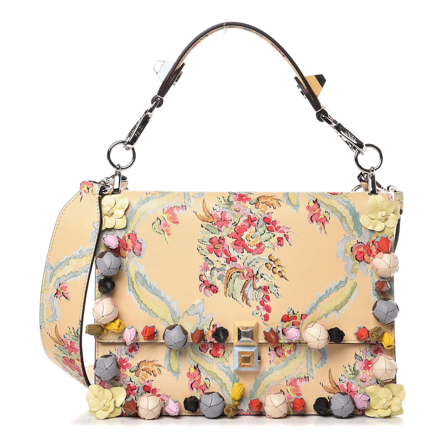 FENDI Calfskin Floral Print Rosebud Kan I Shoulder Bag Cream 265285 ...