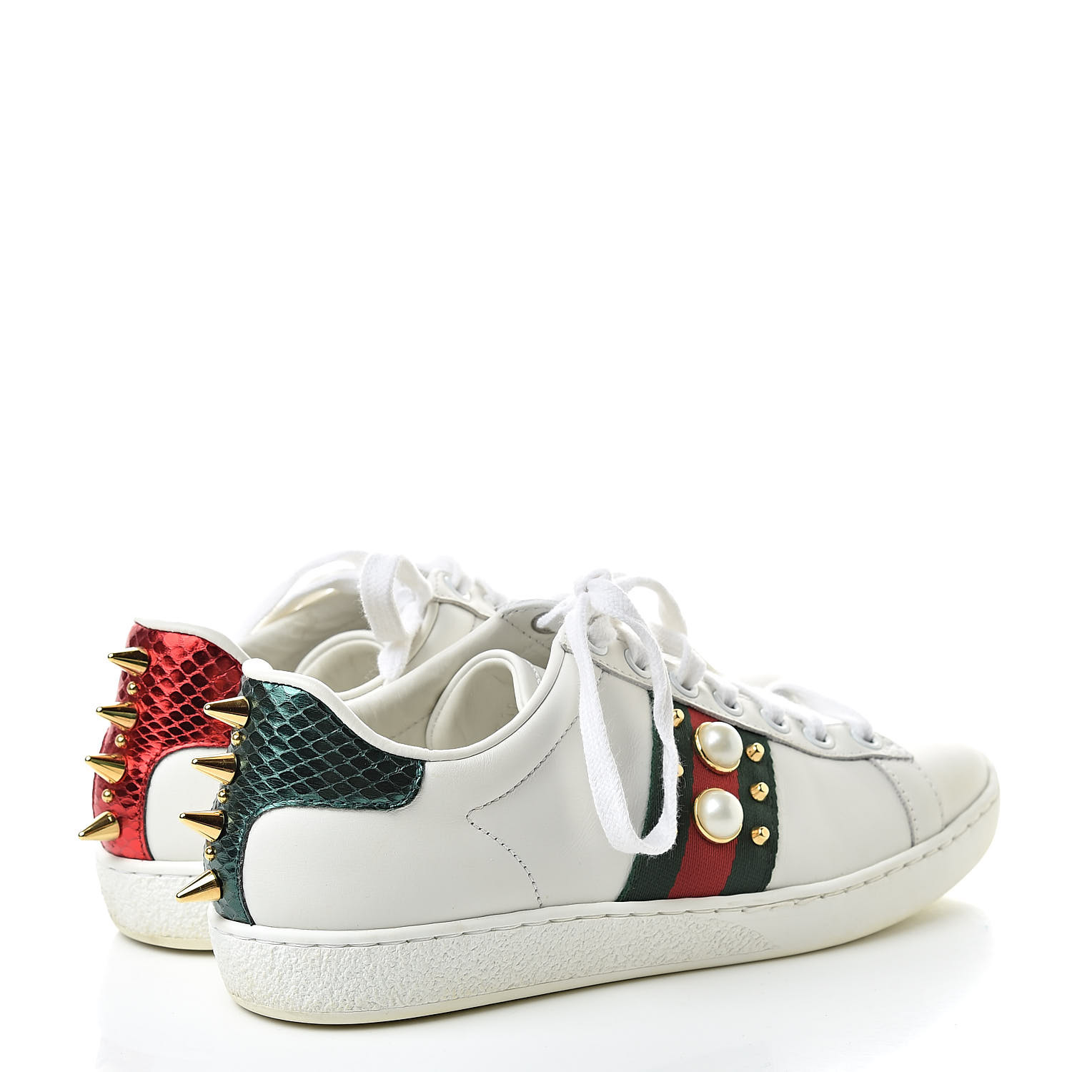 GUCCI Calfskin Web Pearl Studded Womens Ace Sneakers 35 White 519051