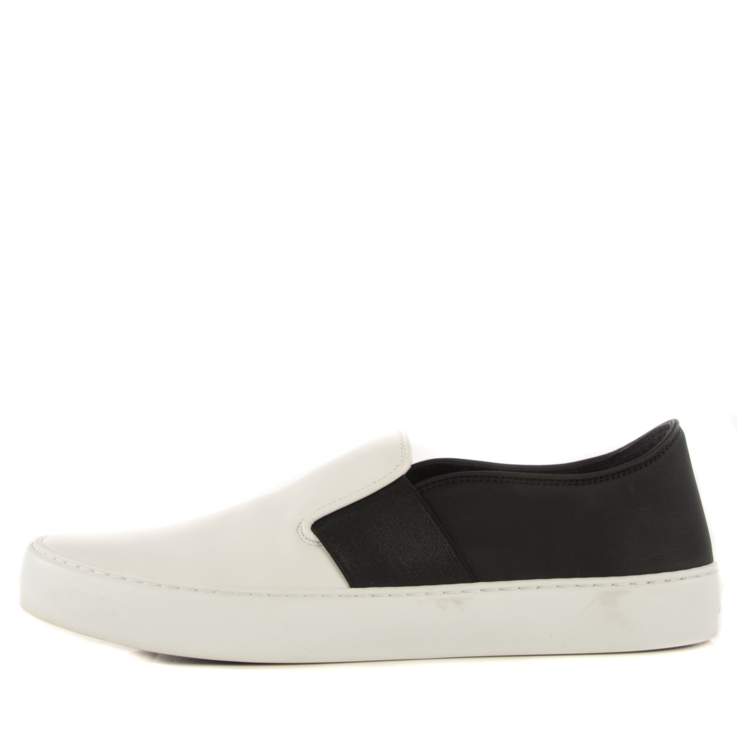 CHANEL Leather Slip On Sneakers 37.5 White Black 115418