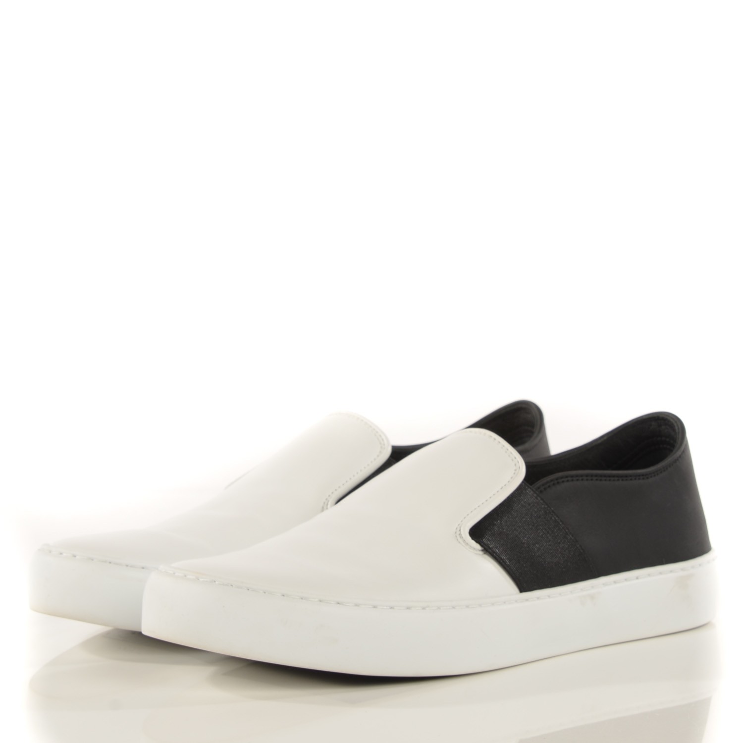 CHANEL Leather Slip On Sneakers 37.5 White Black 115418