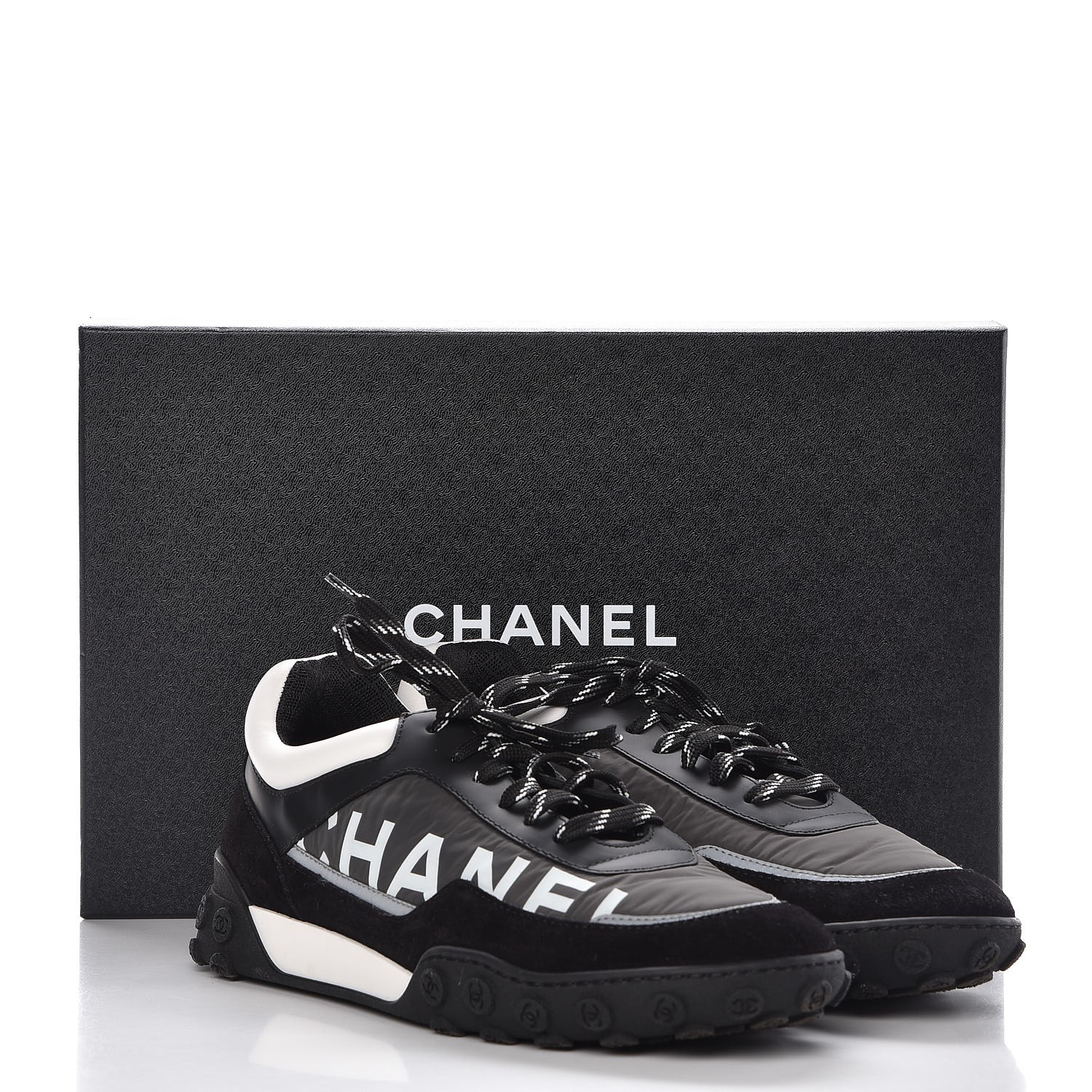 CHANEL Nylon Calfskin Suede CC Sneakers 40 Grey Black White 300461 ...