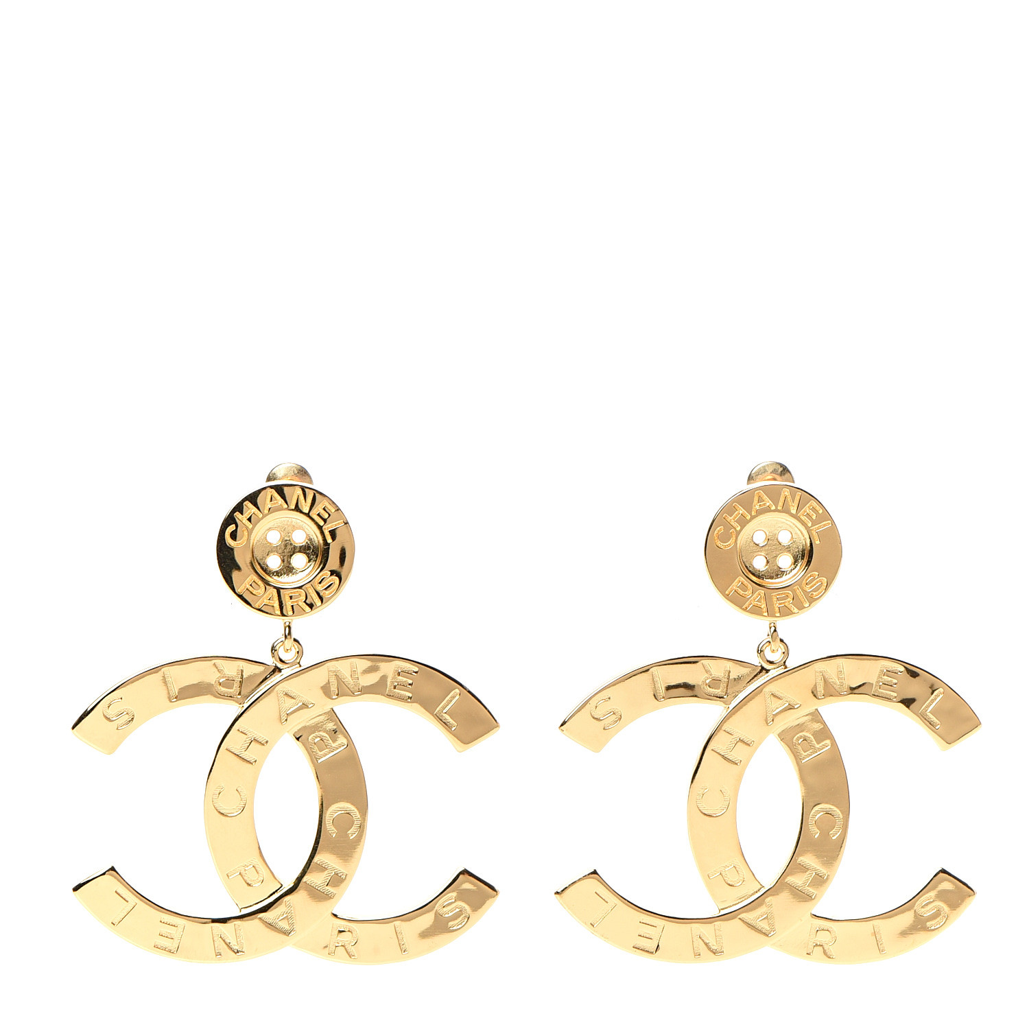 CHANEL Metal Large Paris Button Earrings Gold 545500