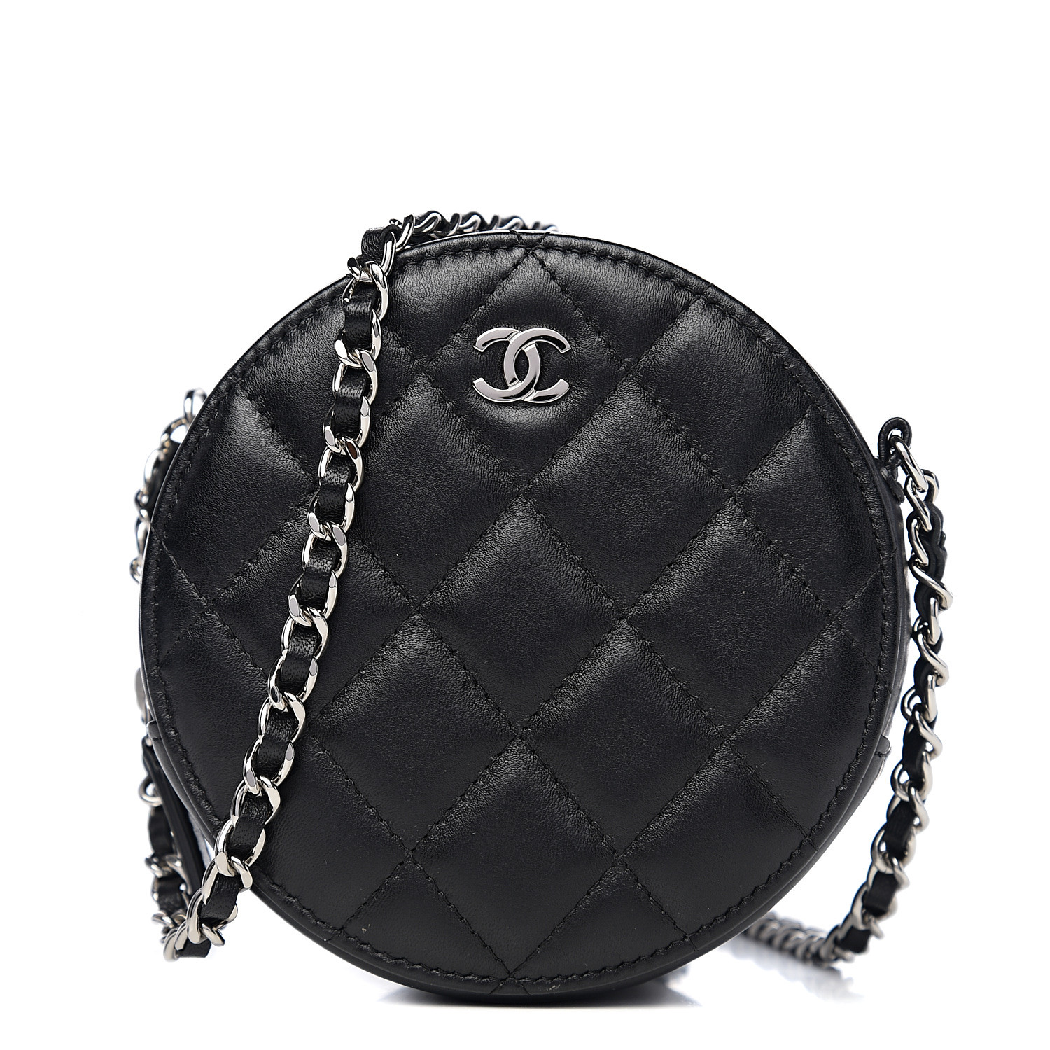 CHANEL Lambskin Quilted Round Clutch With Chain Black 546400