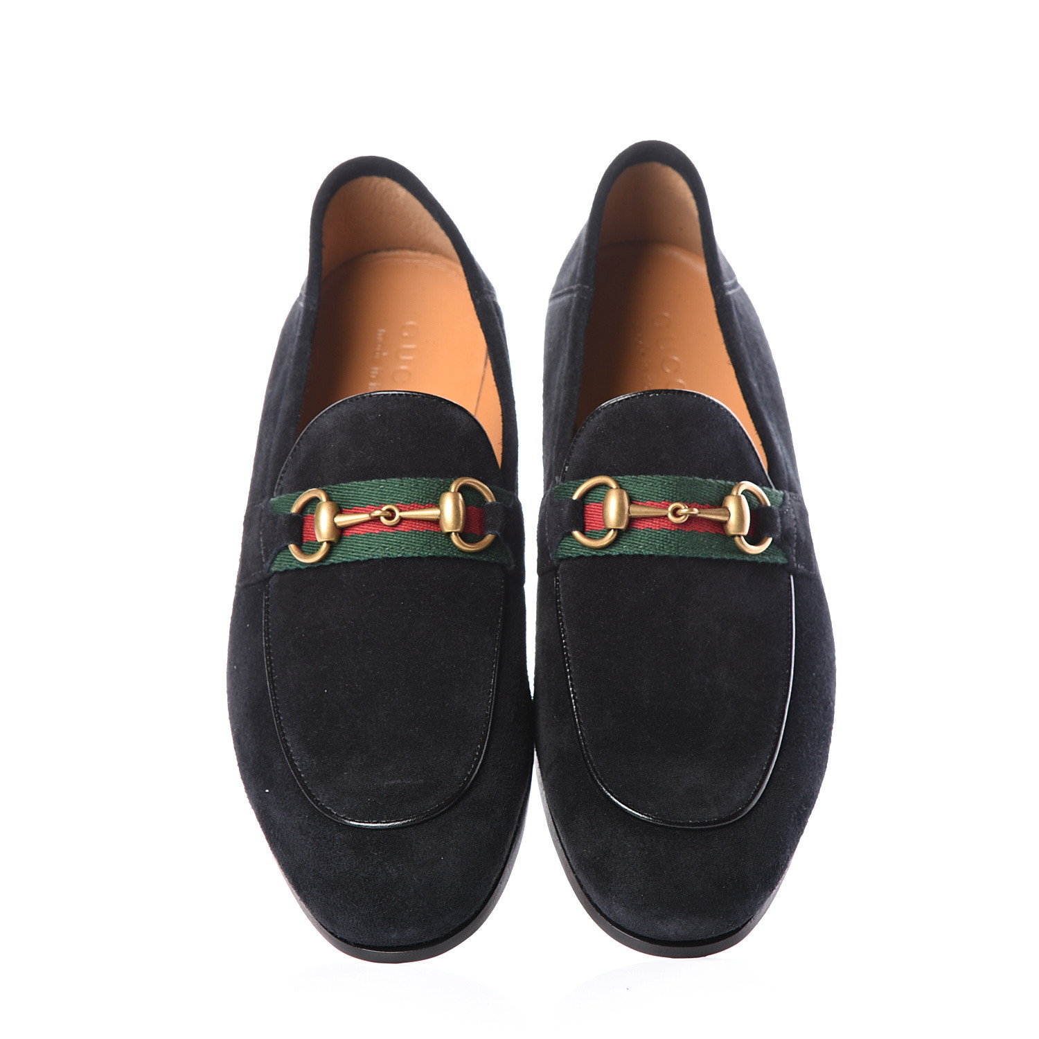 GUCCI Suede Calfskin Mens Horsebit Web Loafers 8 Black 542111