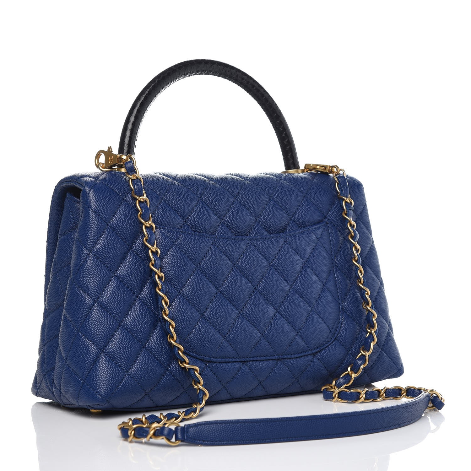 CHANEL Caviar Elaphe Quilted Small Coco Handle Flap Dark Blue 313938