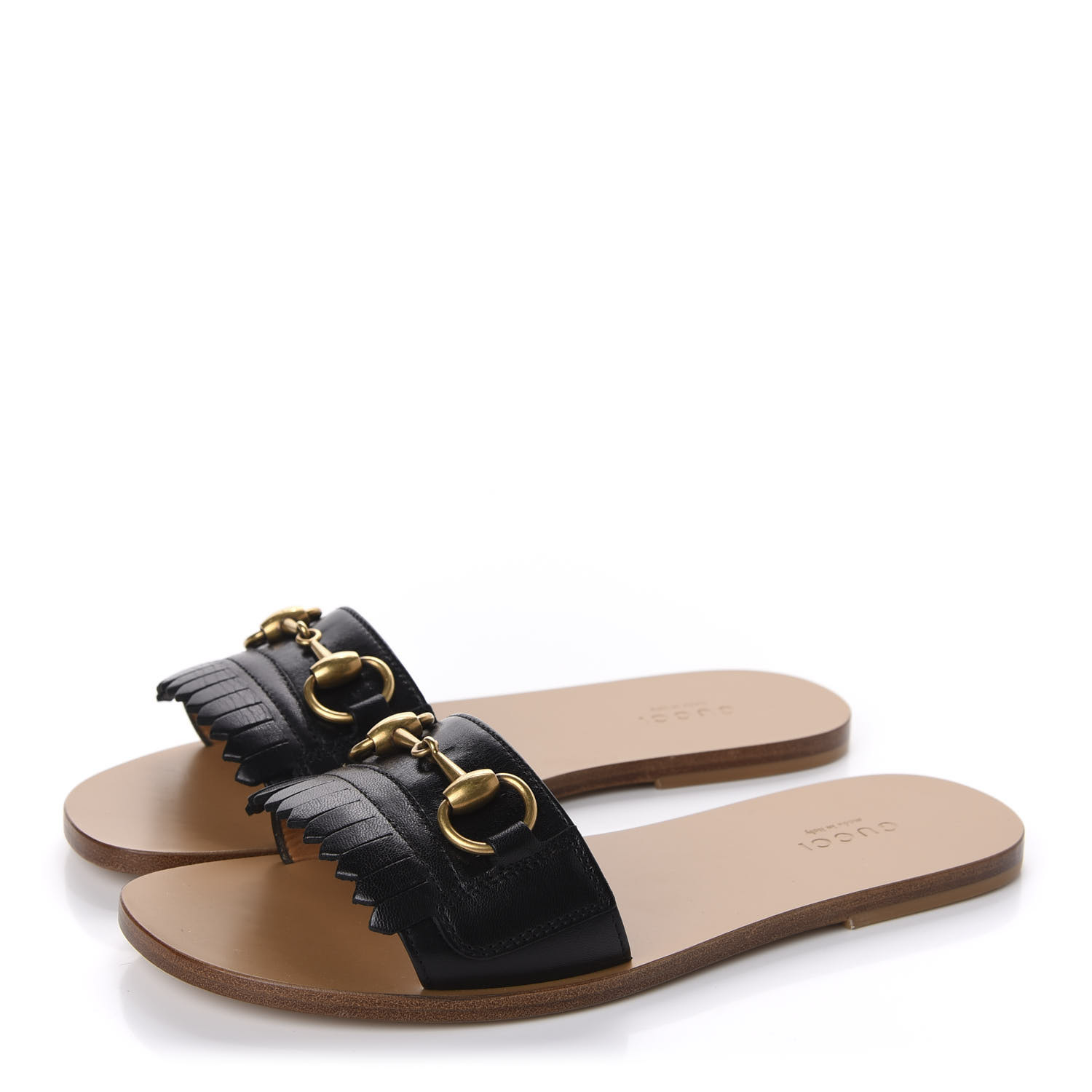 GUCCI Malaga Kid Fringe Horsebit Slide Sandals 36.5 Black 621793 ...