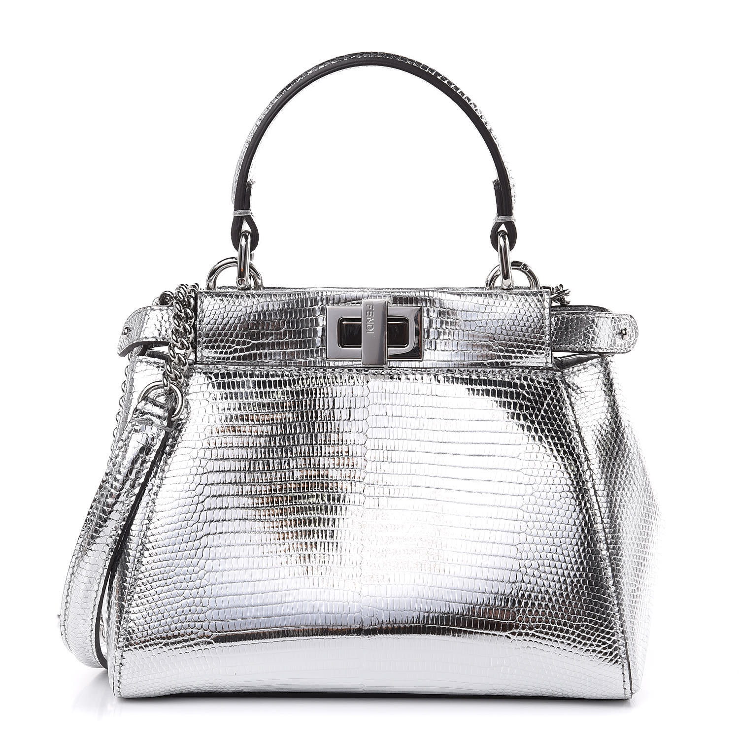 FENDI Metallic Lizard XS Peekaboo Iconic Satchel Silver 465018