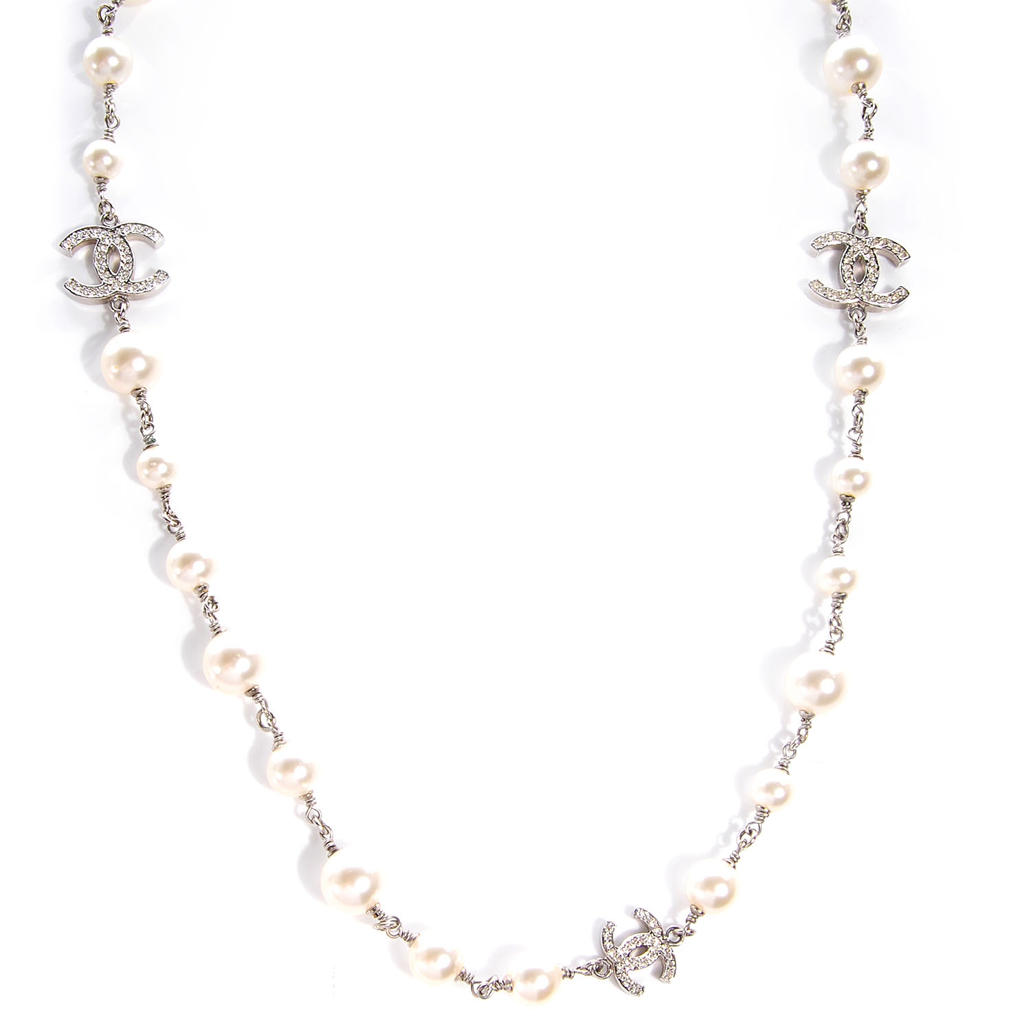CHANEL Crystal Pearl CC Long Necklace Silver 61725