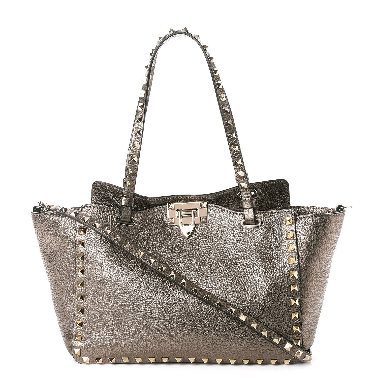 VALENTINO Metallic Alce Printed Calfskin Small Rockstud Tote Bronze 258255