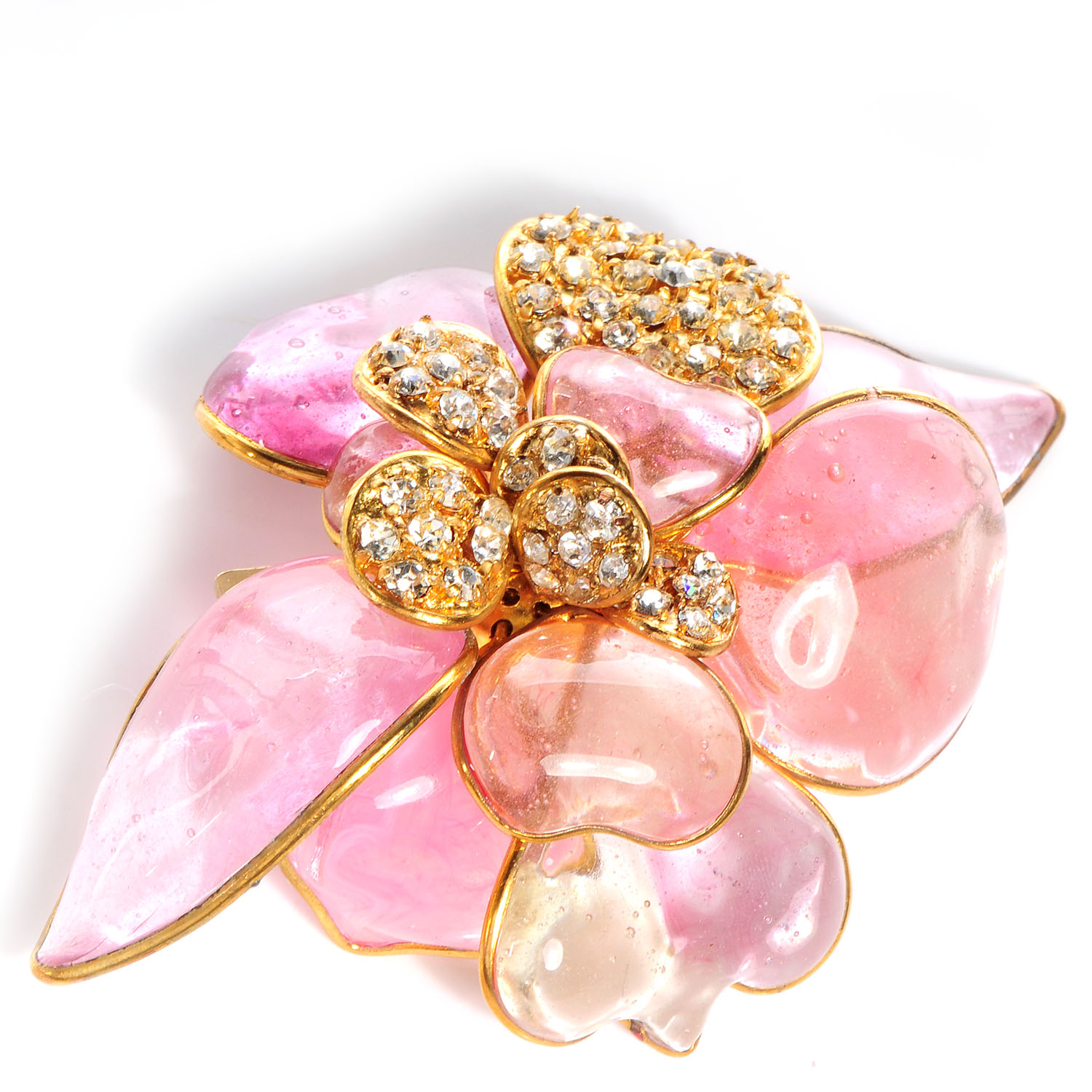CHANEL Gripoix Poured Glass Crystal Camellia Brooch Gold 69998