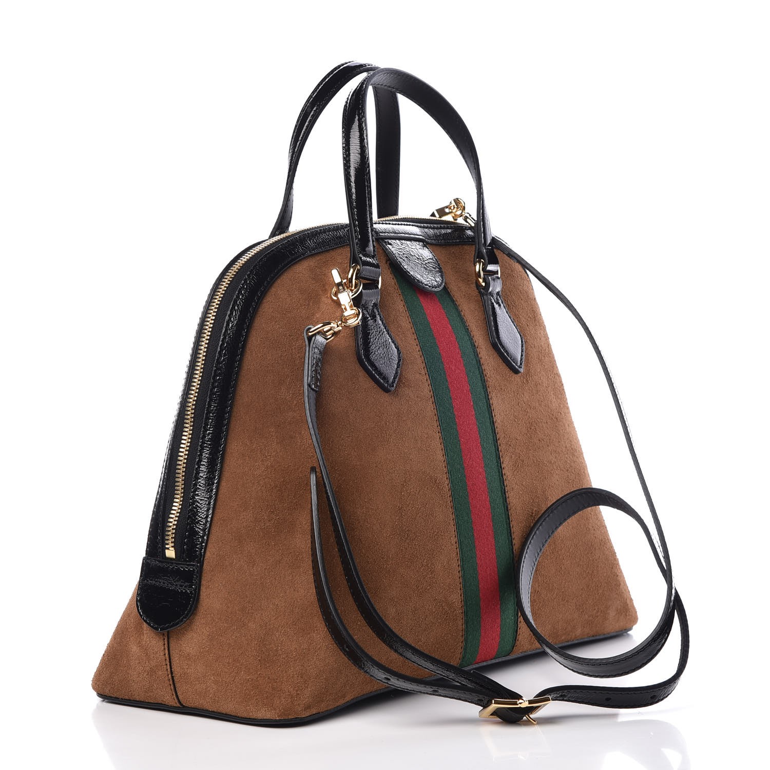 GUCCI Suede Patent GG Web Medium Ophidia Top Handle Bag Brown 318884