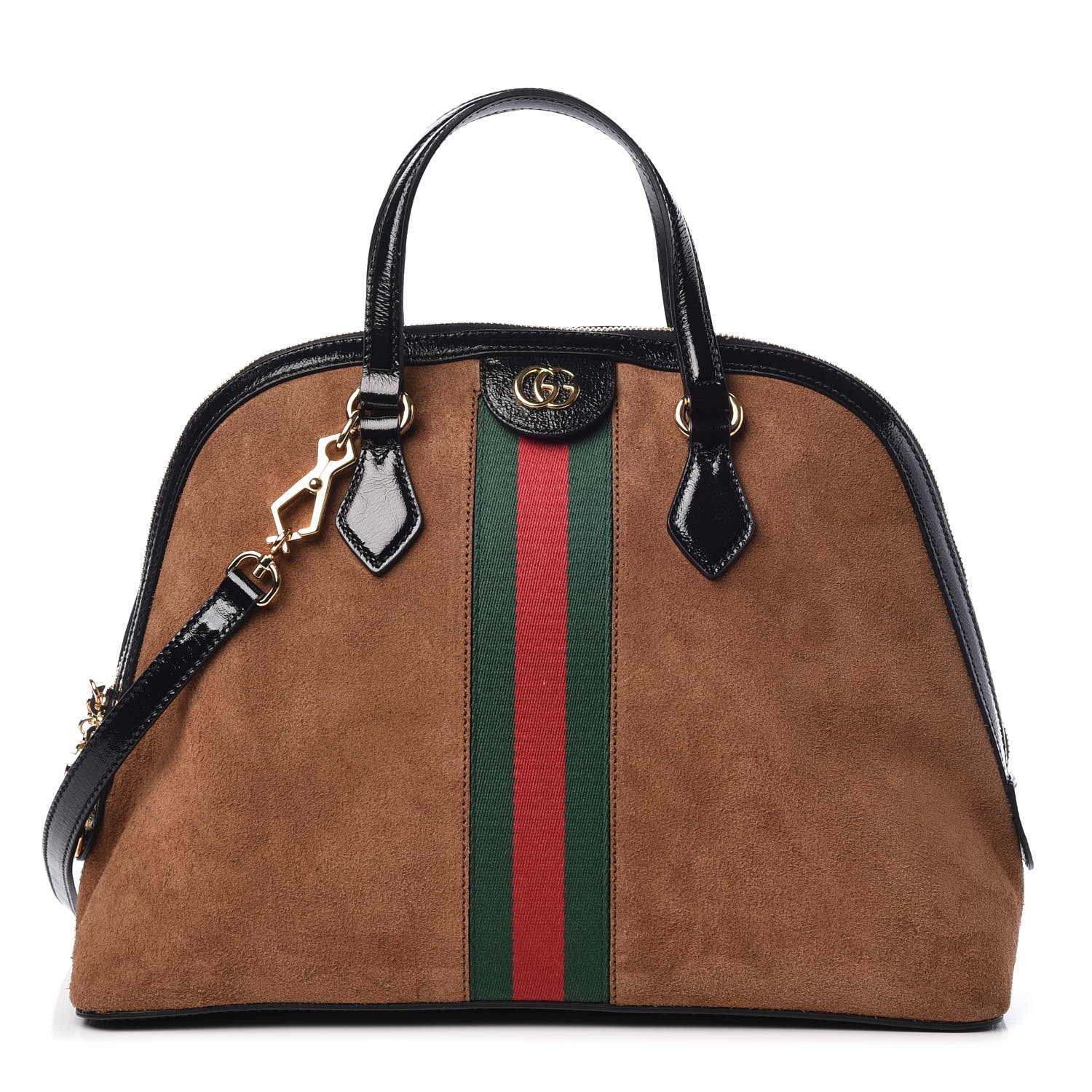 GUCCI Suede Patent GG Web Medium Ophidia Top Handle Bag Brown 318884