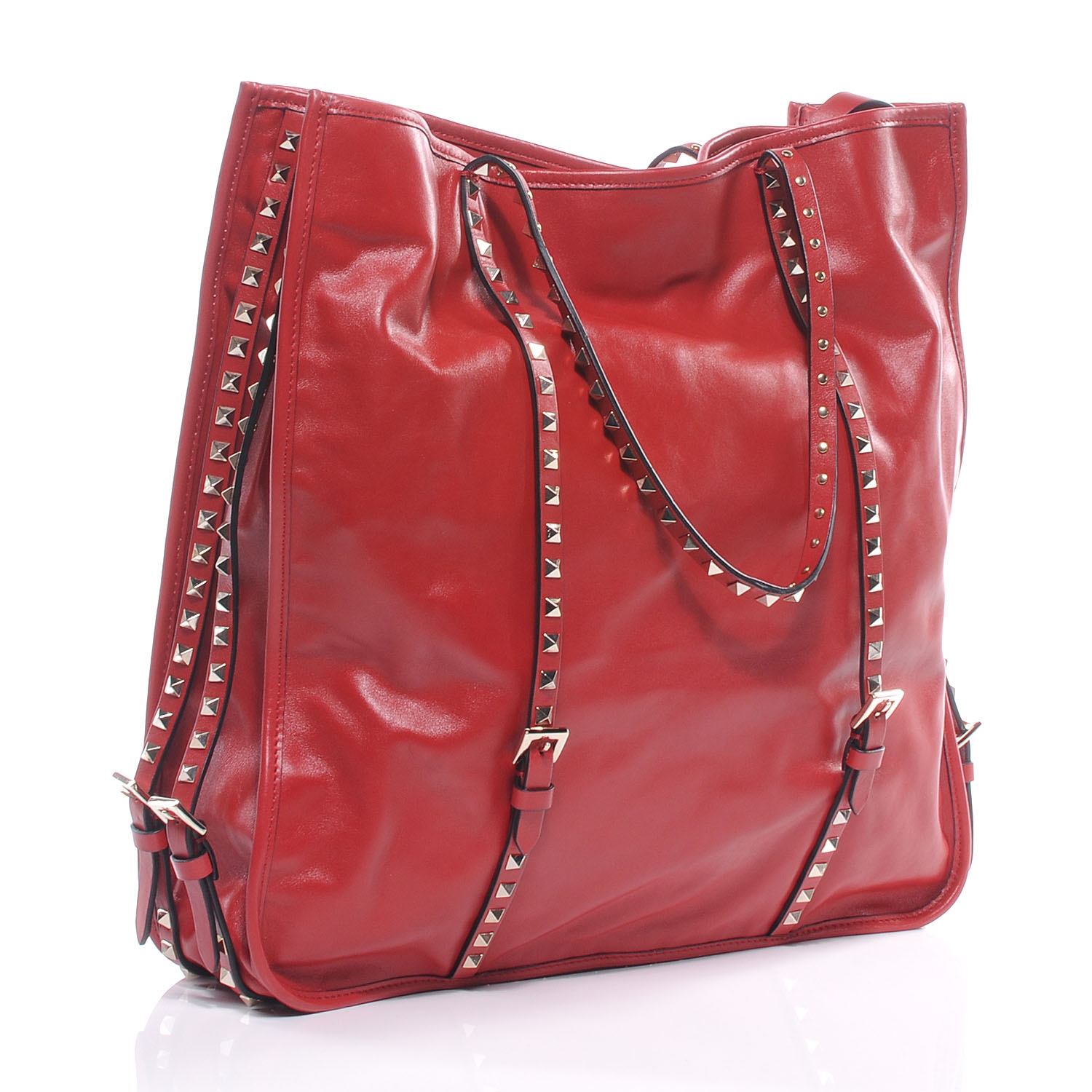 VALENTINO Leather Rockstud Shopper Tote Red 51587