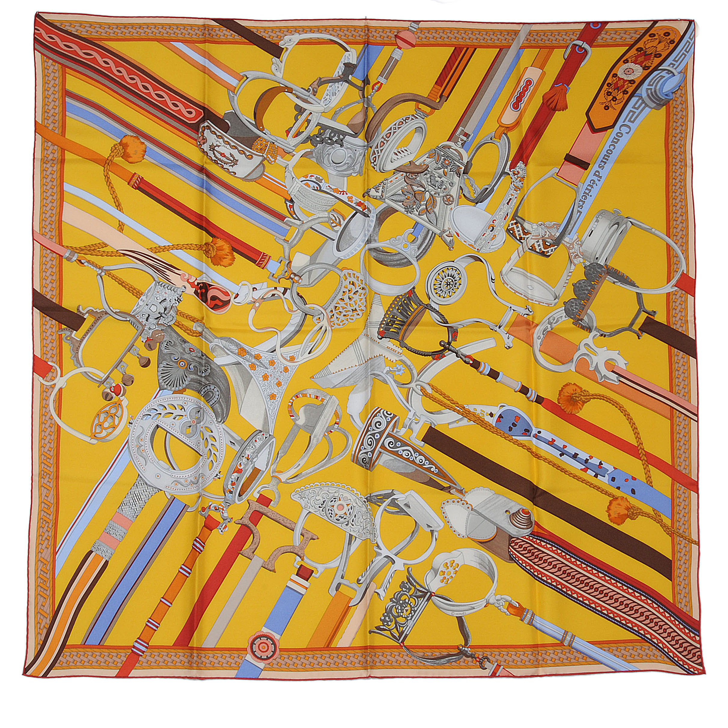 HERMES Silk Twill Concours d Etriers Scarf Rogue Gris 90 55737