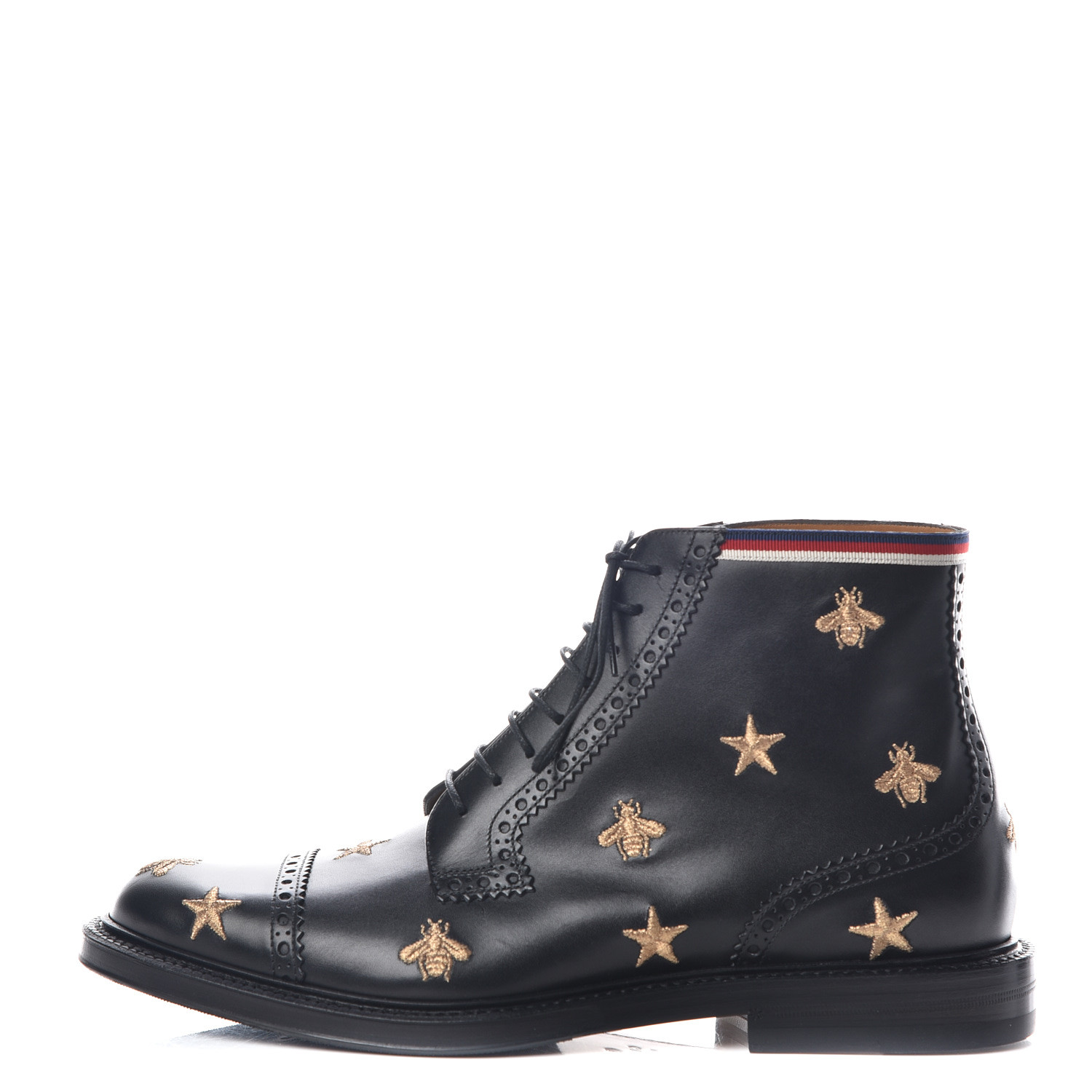 GUCCI Calfskin Embroidered Bee Star Mens Brogue Boots 8 Black 407336