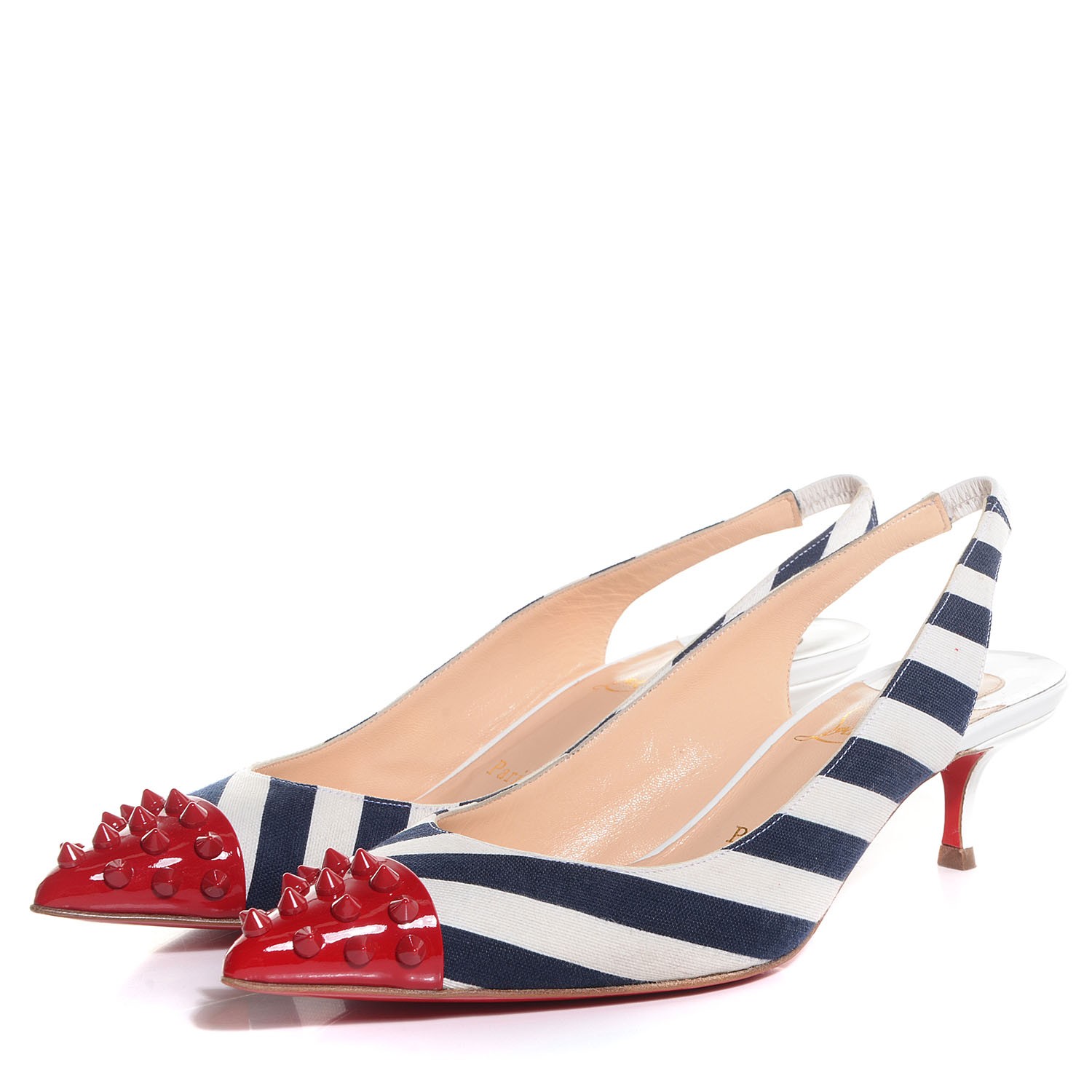 CHRISTIAN LOUBOUTIN Patent Geo Spike 45 Sling Back Pumps 38 Navy White ...